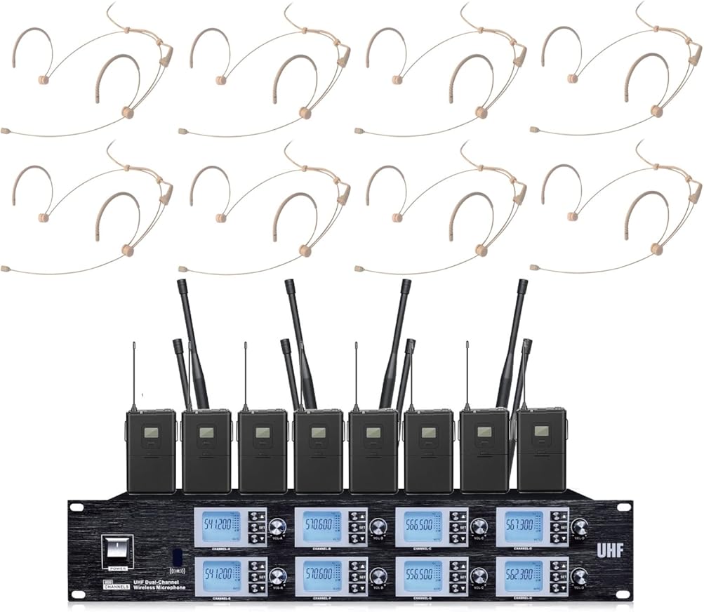 Professional 8 Channel UHF Wireless Microphone & Receiver System 8 Head Mics Belt Packs Transmitters Adjustable Frequency Professional 8 Bodypacks 8 Headsets Cordless mic Kit for Stage Theater