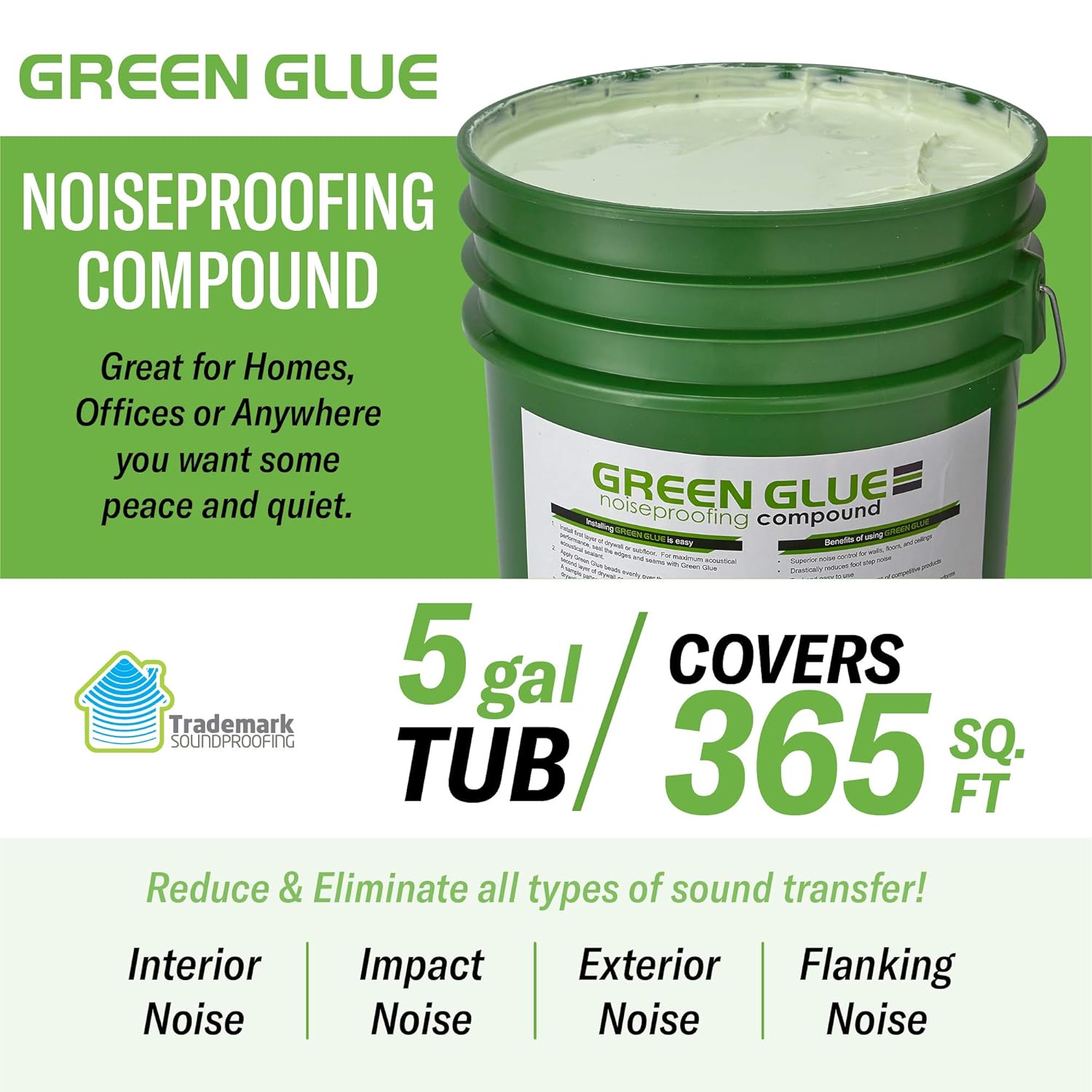 Green Glue Soundproofing Compound, 5-Gallon Bucket with Two Acoustic Caulk Sealant Tubes of 29 oz - Bundle for Noise Reduction and Sound Proofing Acoustic Treatment.