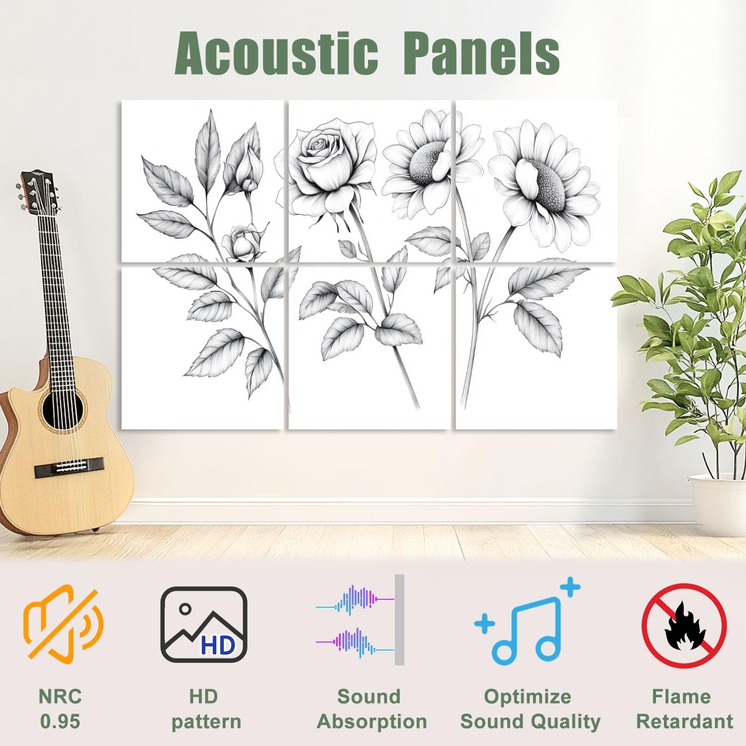 6 Pack Art Acoustic Panels Sound Absorbing Daisies Navy Flower Sunflower Leaves Stem Petals Black drawn Decorative Soundproof Wall Panels Self Adhesive for Recording Studios Office 72