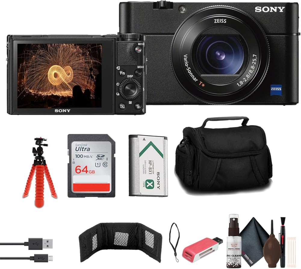 Sony Cybershot DSC-RX100 VA Premium Compact Digital Camera (DSC-RX100M5A/B) + Case + 64GB Card + Card Reader + Flex Tripod + Cleaning Kit and More