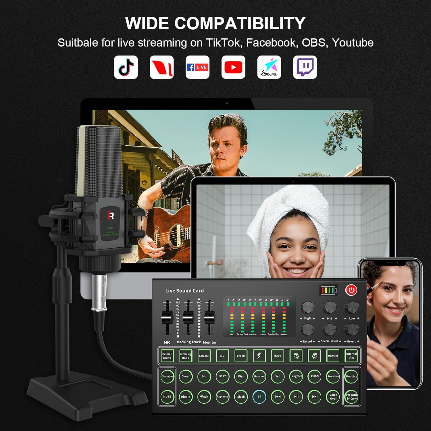 RHM M9 Podcast Equipment Bundle, All-in-One Audio Interface with Microphone & Earphone, 13 Sound Effects, Support Voice Changing/Noise Reduction/Elimination, Great for TikTok, Youtube, Facebook live