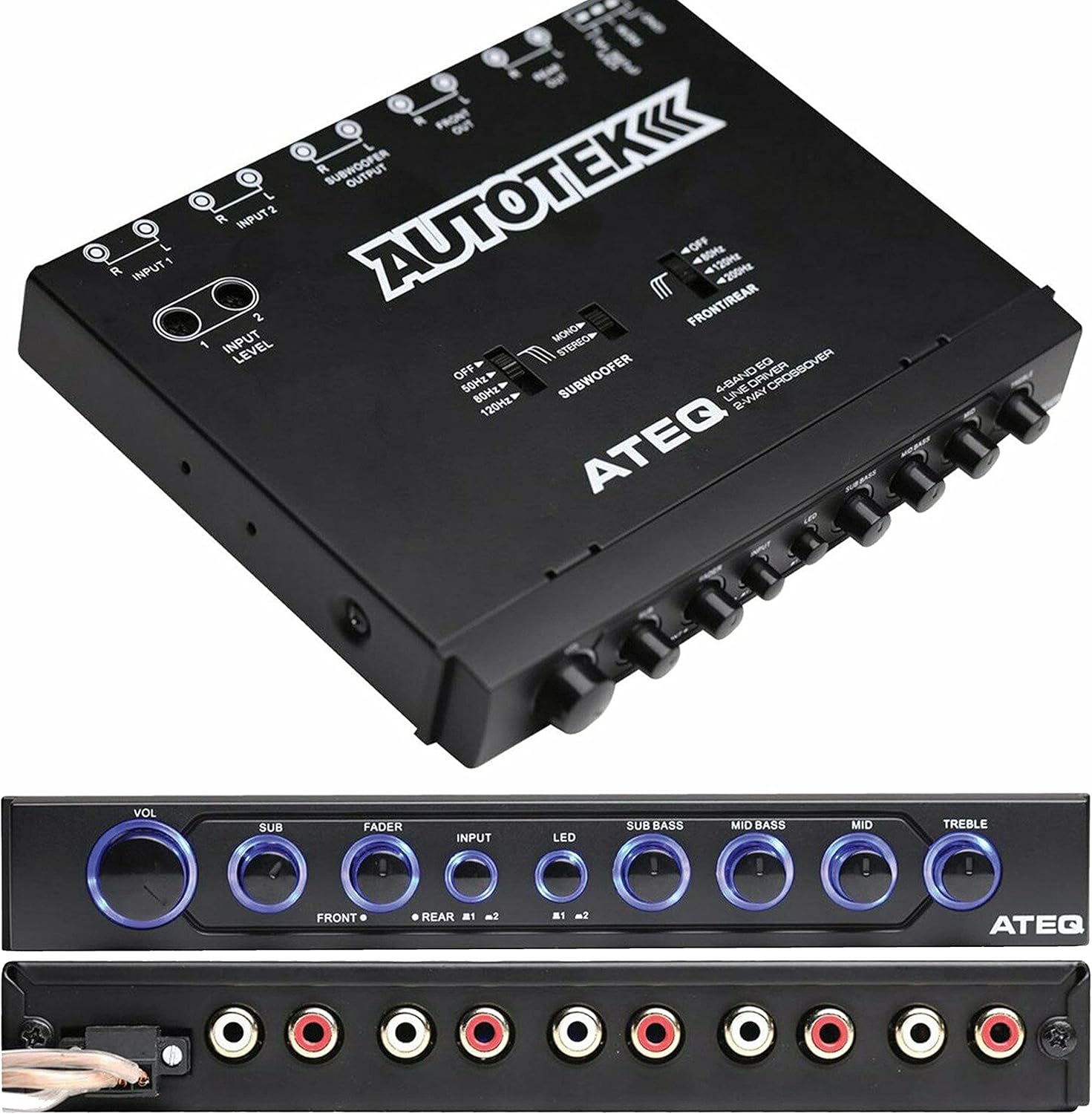 Autotek 4-Band Audio Equalizer with Built-in 2-Way Crossover, 9 Volts, 1/2 DIN, re-amp EQ with Front/Rear Active Crossover, and Selectable 12dB high-Pass Crossover PK2