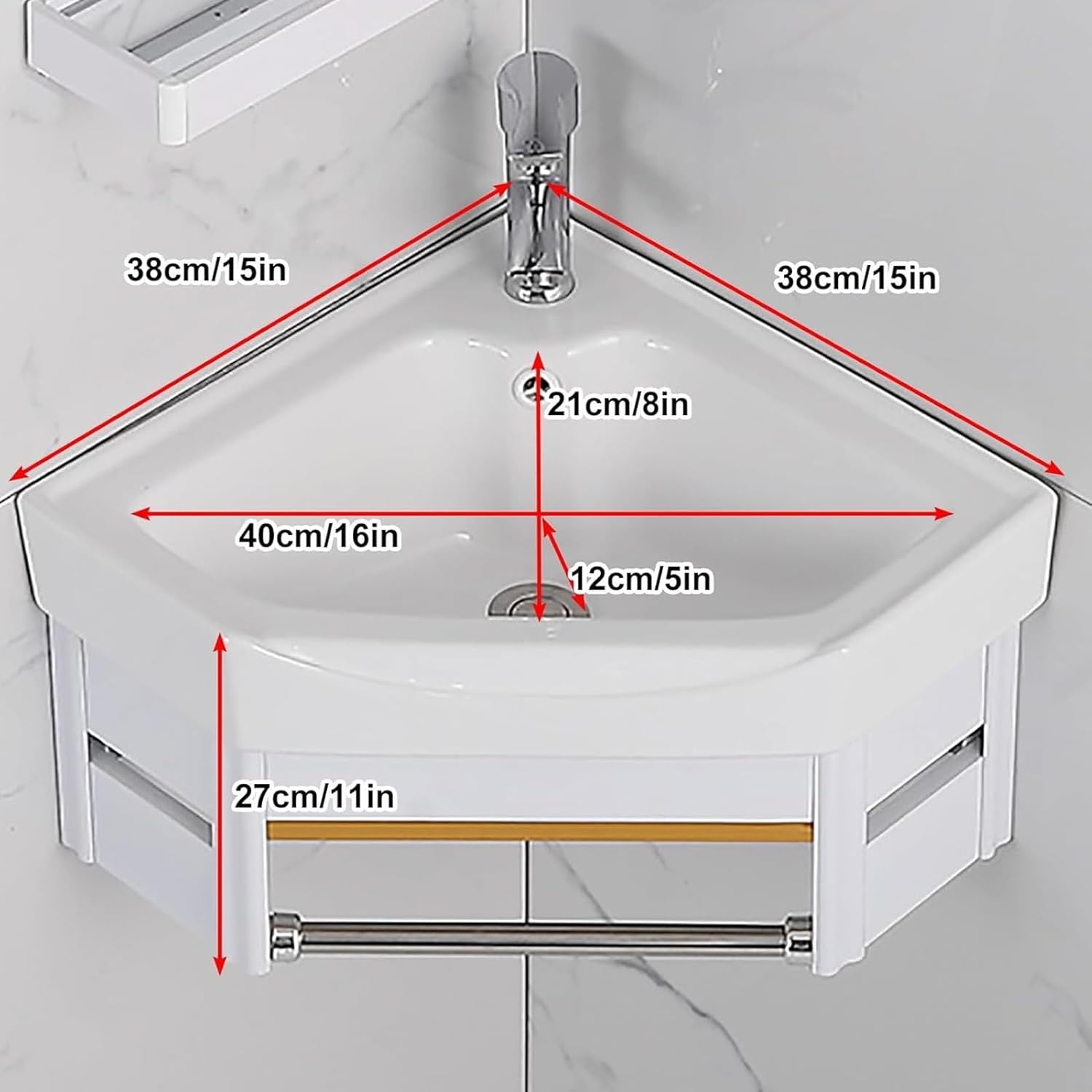 Corner Wall Mount Bathroom Sink, Corner Bathroom Vanity, Ceramic Vessel Sink with Towel Bar, Ceramic Corner Sink, Bathroom Vanity for Bathroom, Balcony, Guest Room(38cm/14.9in)