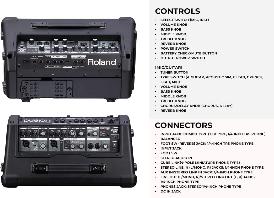 Roland Cube Street EX 4-Channel 50-Watt Battery-Powered Amplifier Bundle with Microphone, Instrument Cable, Batteries, and Austin Bazaar Polishing Cloth