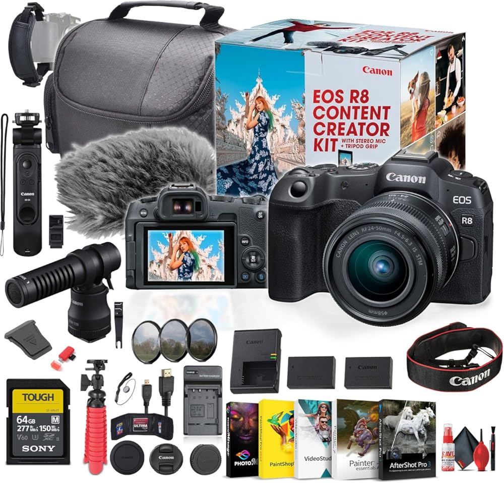 Canon EOS R8 Mirrorless Camera Content Creator Kit with RF 24-50mm f/4.5-6.3 is STM Lens (5803C037) + 64GB Memory Card + Photography Software + Filter Kit + LPE17 Battery + Charger + More (Renewed)