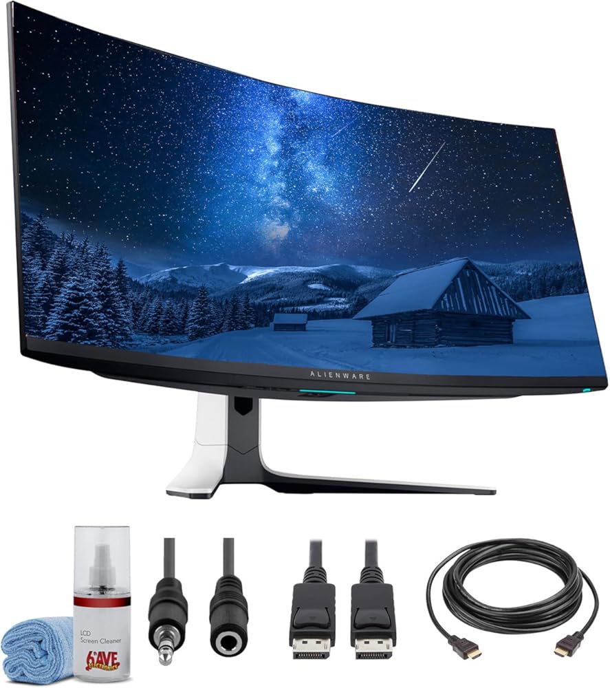 Dell Alienware AW3423DW 34.2″ QD-OLED 1440p HDR 175Hz Curved Gaming Monitor (Lunar Light) | G-SYNC Ultimate UltraWide Display + DisplayPort Cable + Headphone Extender + HDMI Cable + Cleaning Kit