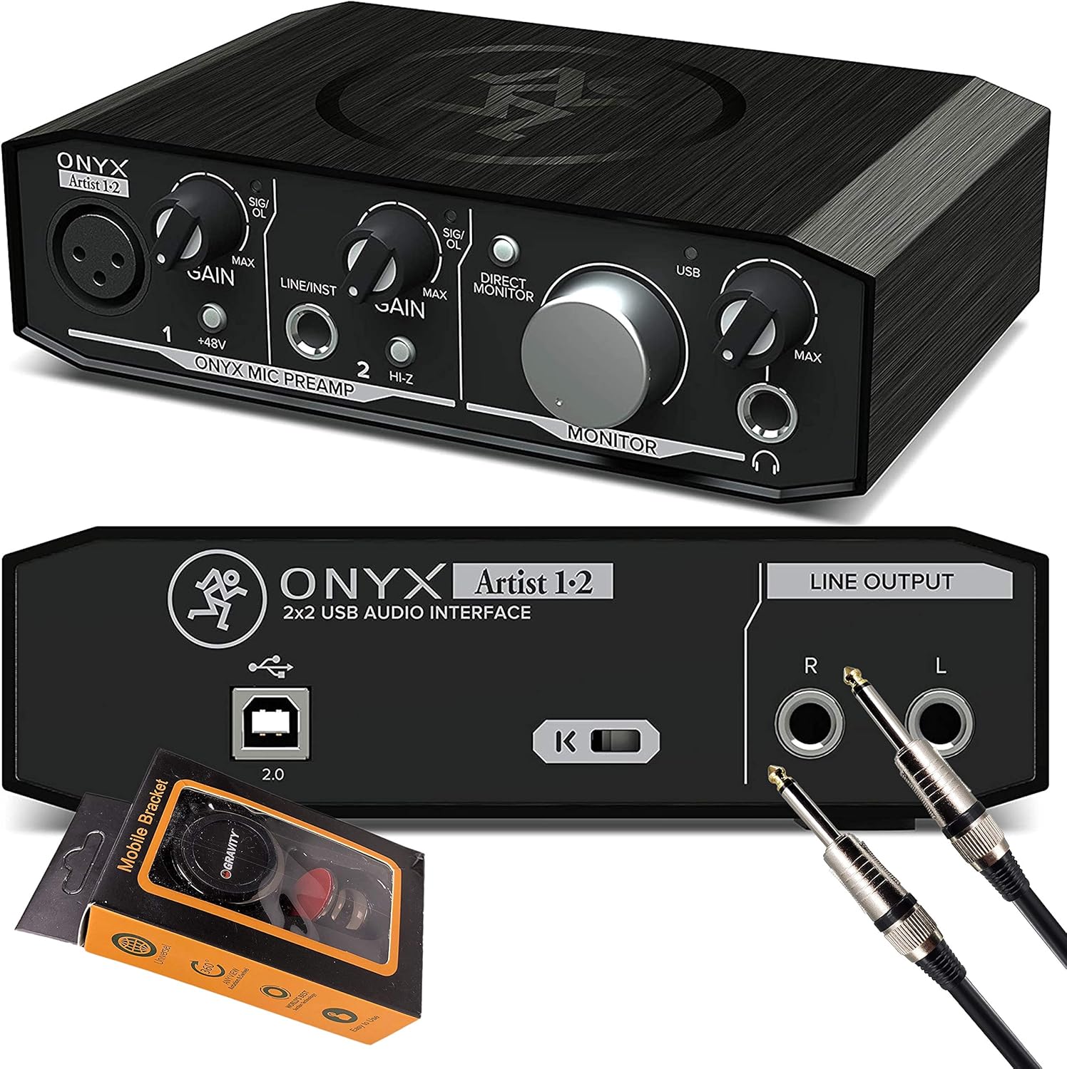 Mackie Onyx Artist 1-2 USB Audio Interface 2-in/2-out USB 2.0, 24-bit/192kHz, with 1 Onyx Mic Preamp and Zero-Latency Monitoring, and Software with Gravity Phone Holder and 1/4in Cable PK1 Bundle