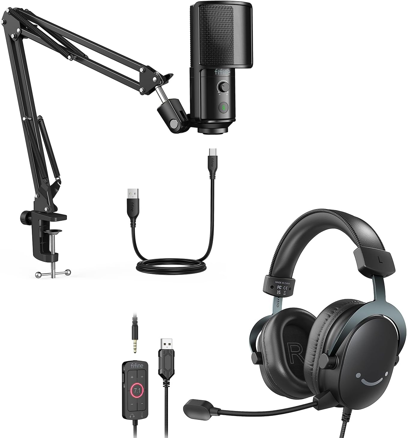 FIFINE Computer Recording Microphone and Gaming Headset Pack,USB Condenser Microphone Arm Kit with Tap-to-Mute,Volume Control,Streaming Headset for Gamer with Detachable Mic for PS5/PS4(T669PRO1+H9)