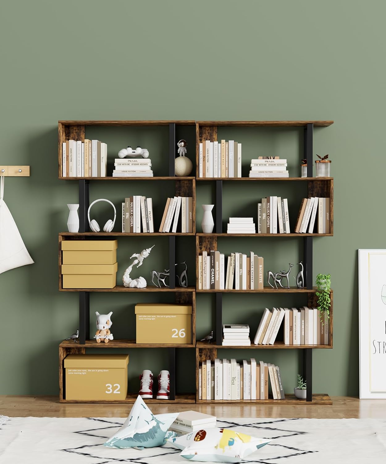 Gadroad 5-Tier Geometric Bookcase,S Shaped Bookshelf, Wood Decorative Storage Shelving, Modern Freestanding Display Shelves, Tall Book Shelf Unit for Living Room Bedroom, Rustic Brown