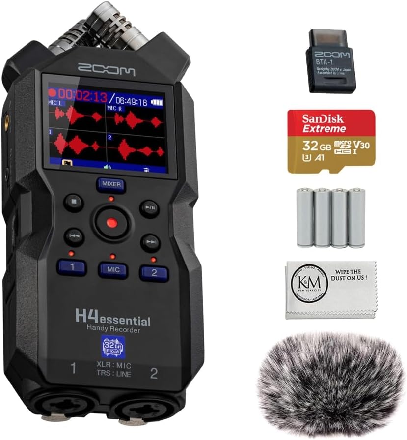 Zoom H4essential 4-Track 32-Bit Float Portable Audio Recorder Bundled with BTA-1 Bluetooth Adapter + 32GB Micro-SD + Furry Wind Screen + AA Batteries | 4 Pack + Cleaning Cloth (6 Items)