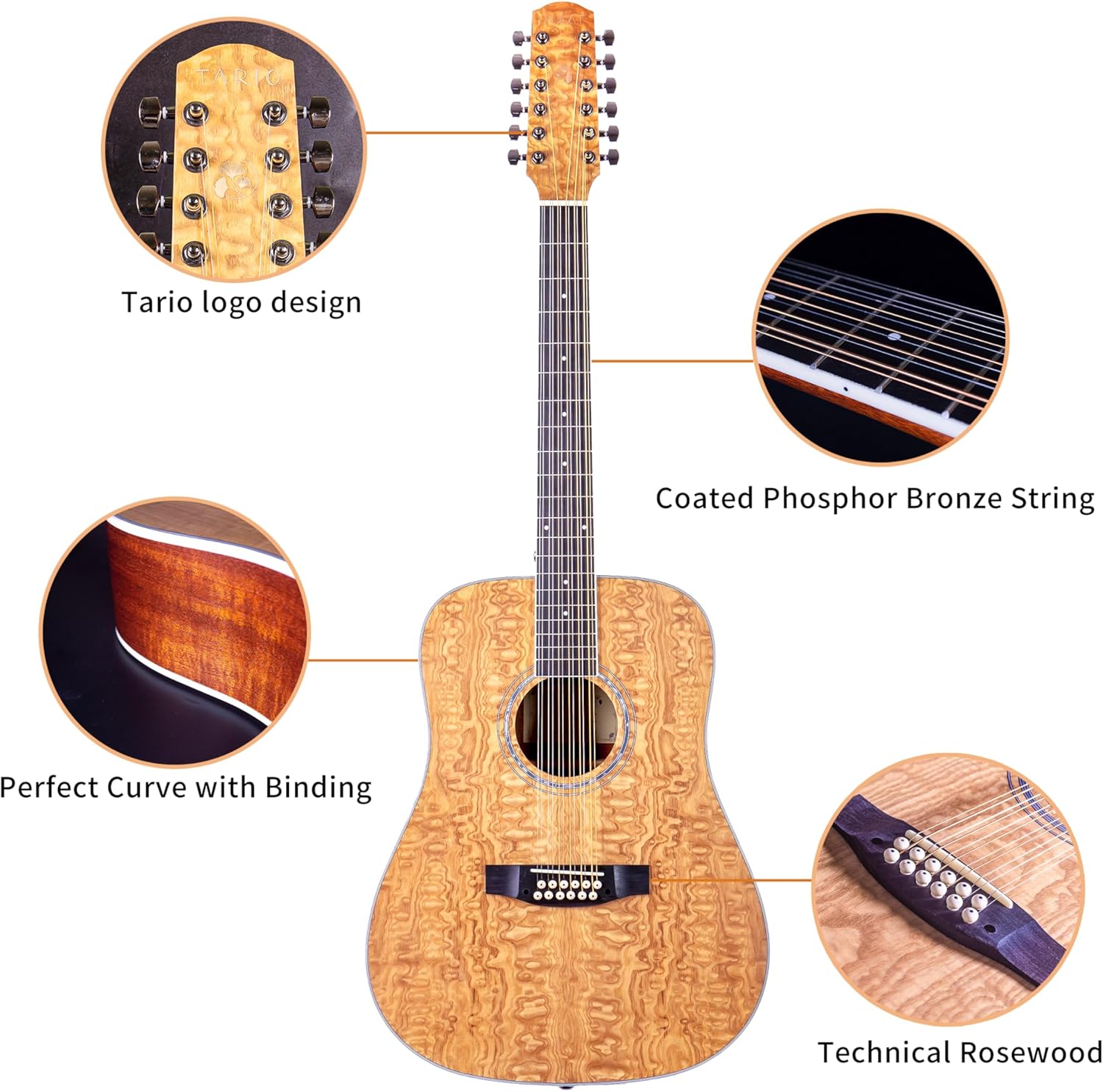 TARIO Left-handed 12 Strings Acoustic Guitar Curly Ash Top Mahogany back & sides Okoume Neck