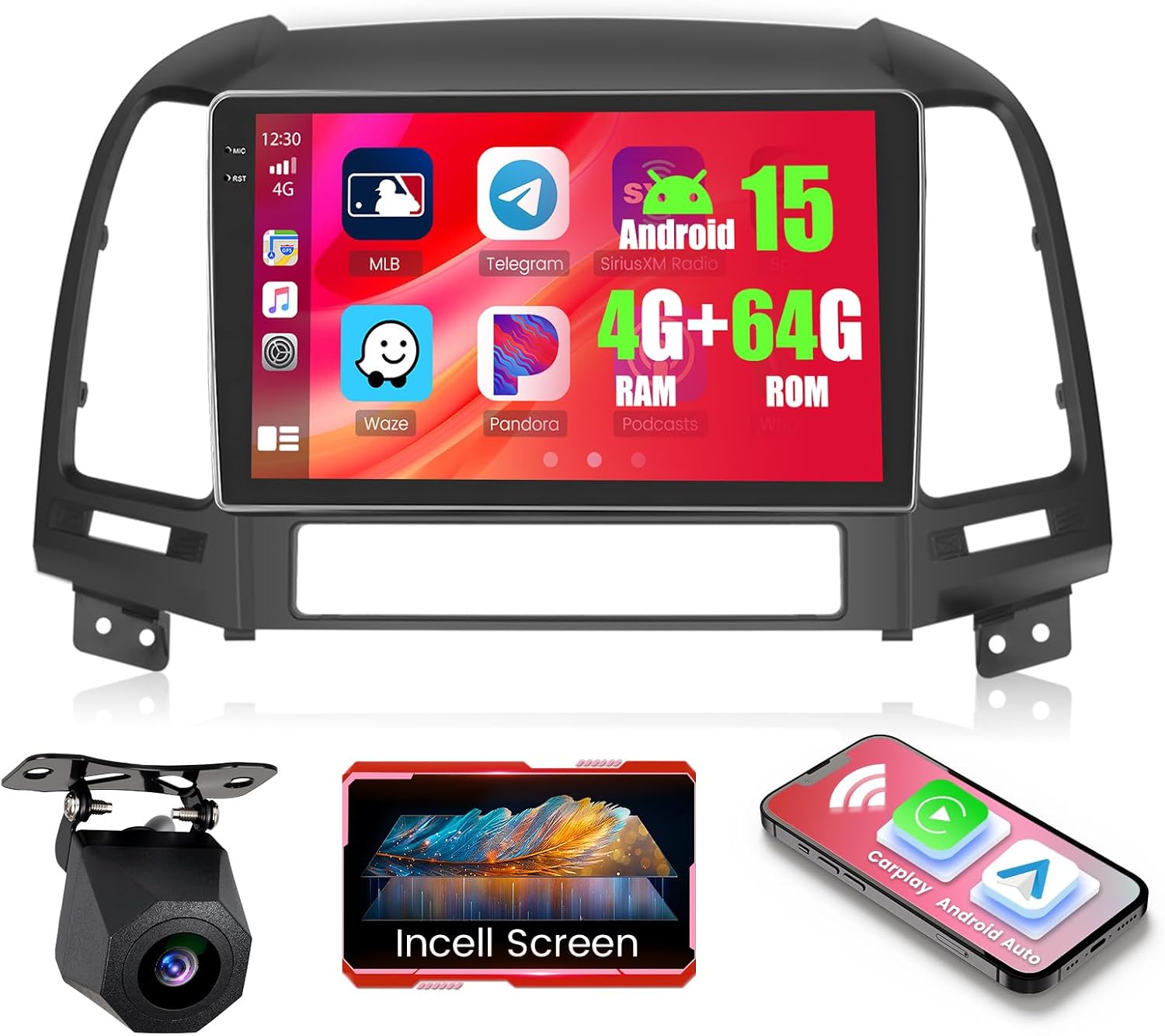 4+128GB Android 15 Car Radio for Hyundai Santa Fe 2006-2012 Wireless Carplay Android Auto, 9