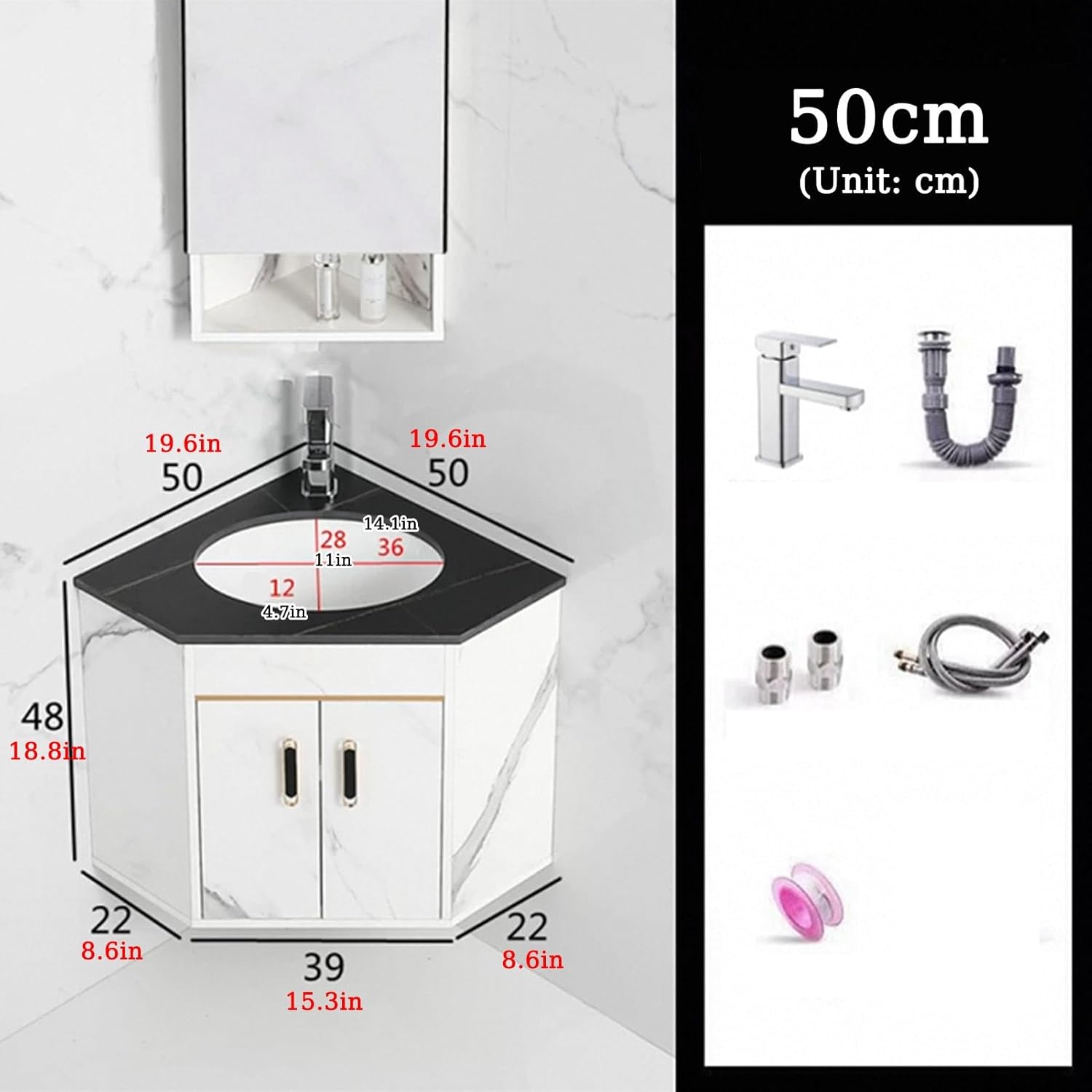 Corner Bathroom Sink, 20 Inch, Wall-Mount, Ceramic, Triangle, 2 Holes, No Mirror