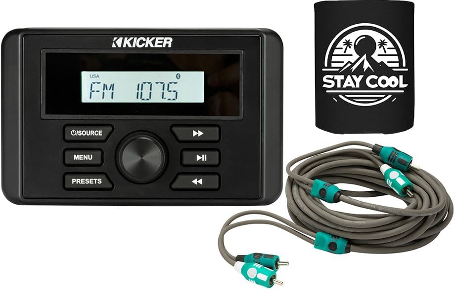 KICKER Receiver and Speakers Package of 2 Items - in-Dash KM Series Gauge-Style Digital Media Marine Receiver with RCA Audio Cable - Stereo Kit - 46KMC3 Receiver & 47KMI10 Cable