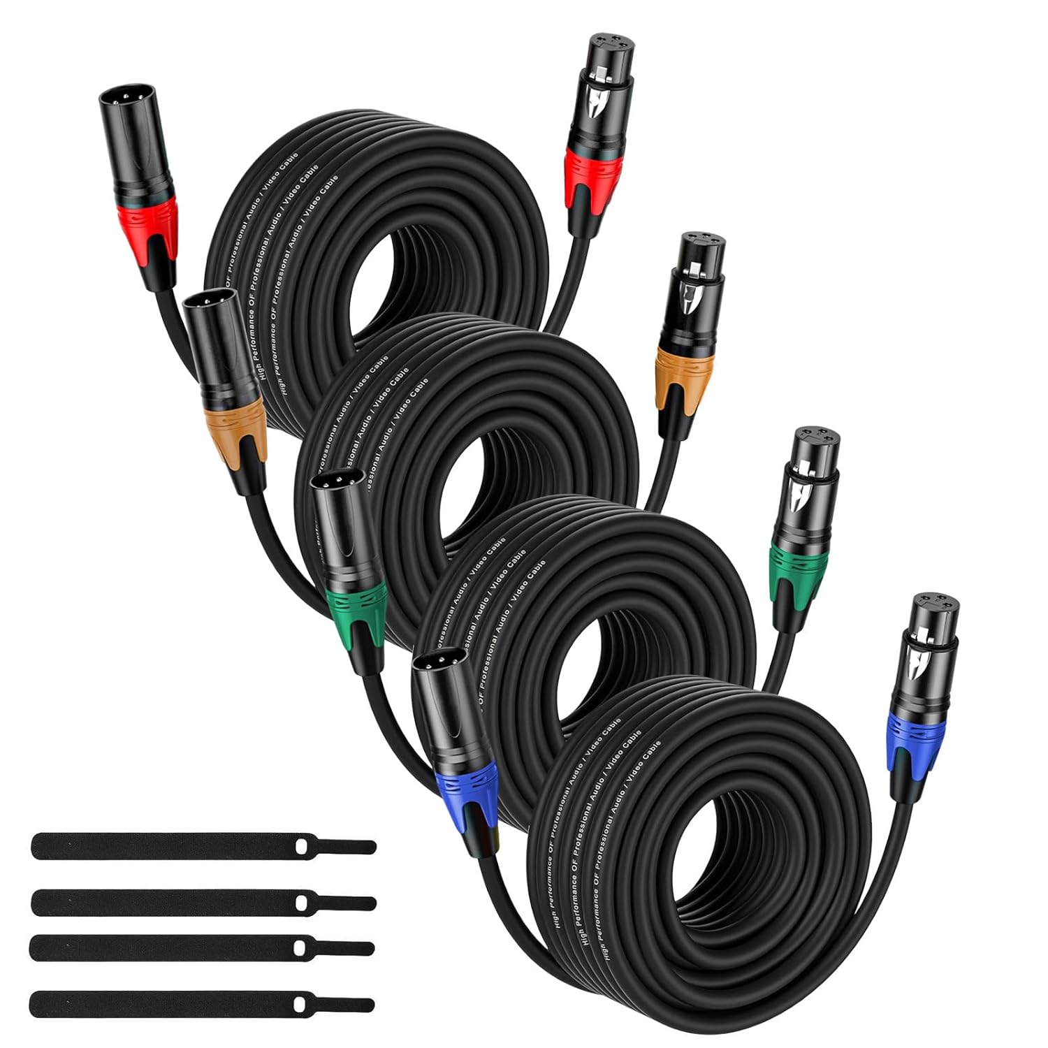 XLR Cable 50FT, 4Pack, Black - Premium Balanced Microphone Cable 3-Pin XLR Male to Female Mic Speaker Cable, Pure Copper and Plated Conductors