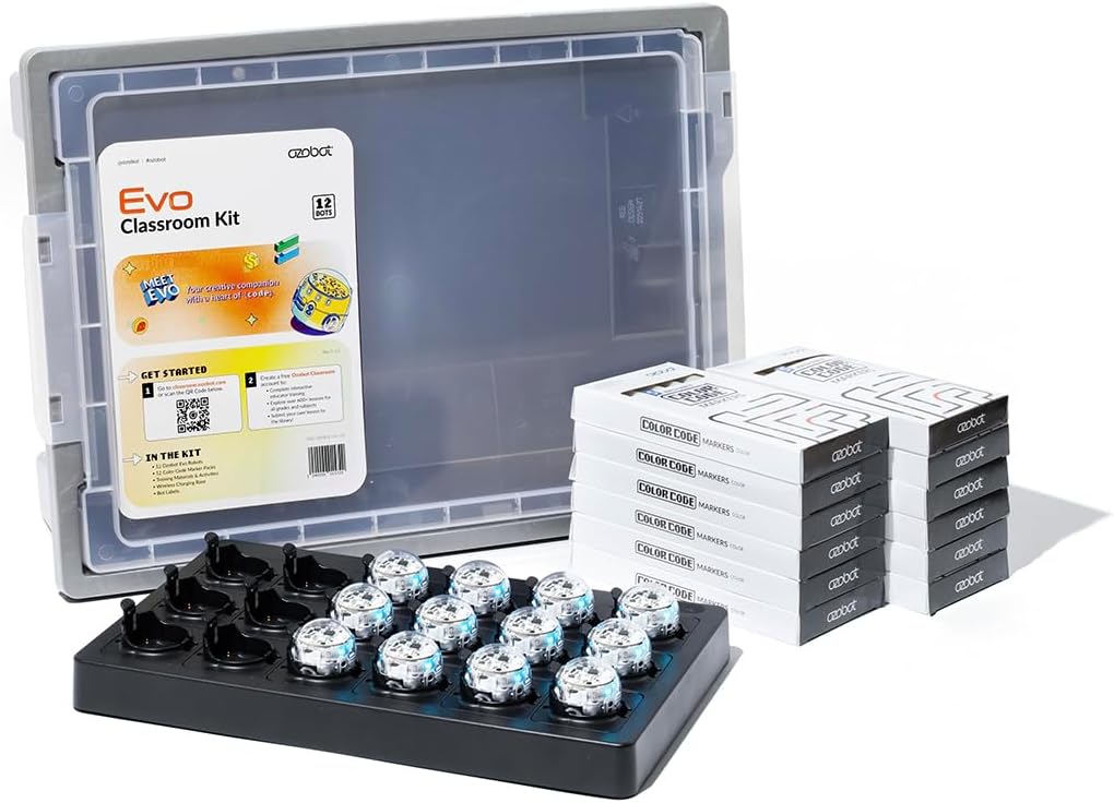 Ozobot Evo Classroom Kit (12 Bots): Interactive Coding Robots for Students, STEAM Learning Tools for Schools, Includes Charging Station, Storage Case, Markers, and Comprehensive Coding Curriculum