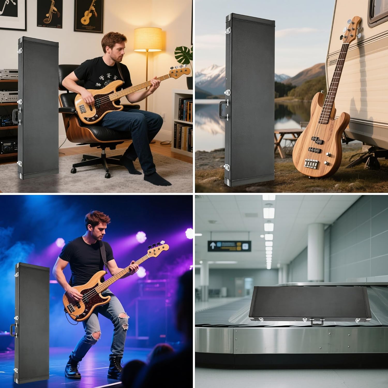 Electric Bass Guitar Hard Case Wooden Hard Shell Black Carrying Case Lockable with Key Square - 48 x 15.4 x 3.5 inches