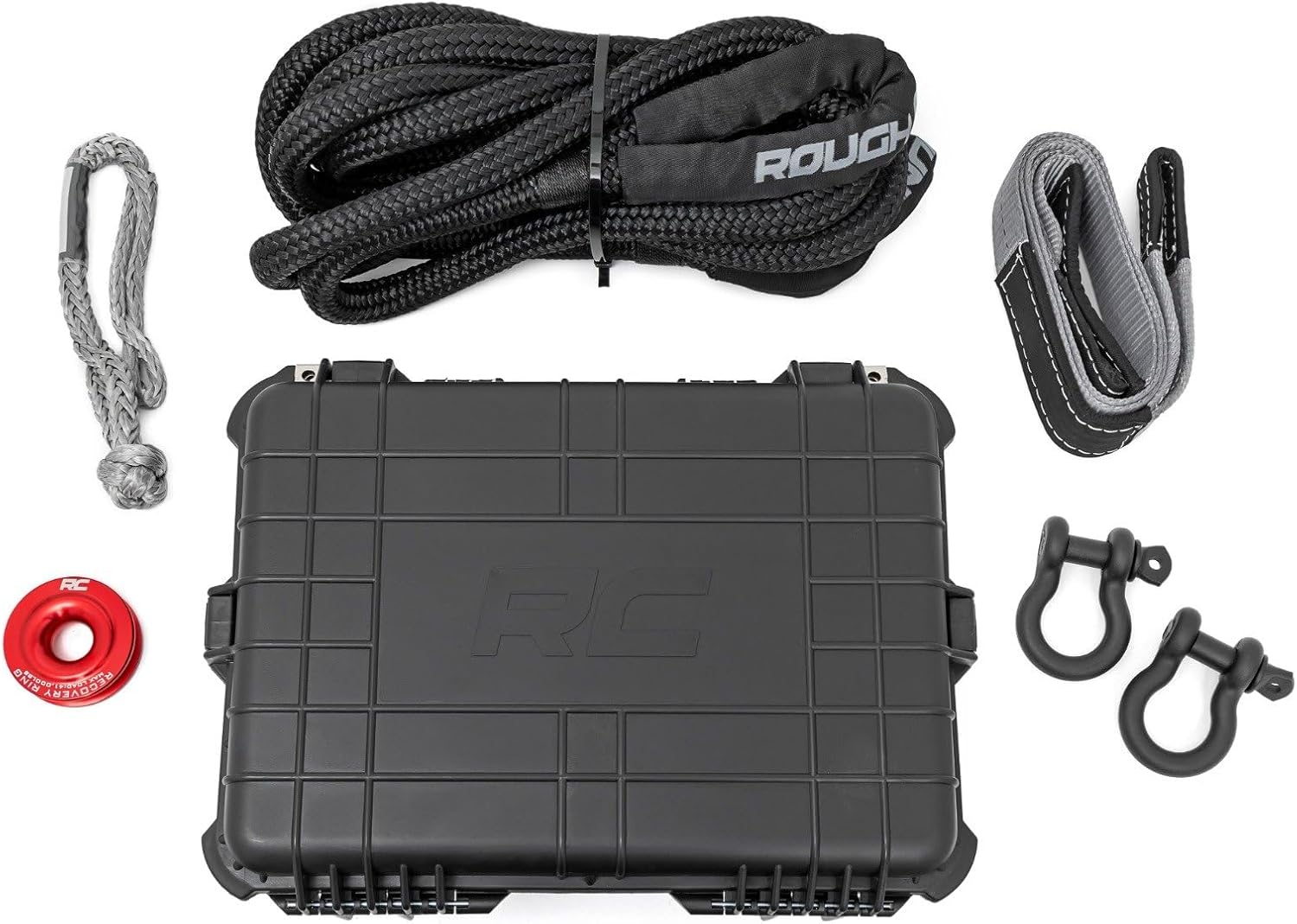 Rough Country Winch Recovery Kit for Synthetic Cable Winches - Complete Off-Road Kit with Tow Strap, D-Rings, Snatch Block, Gloves & Case
