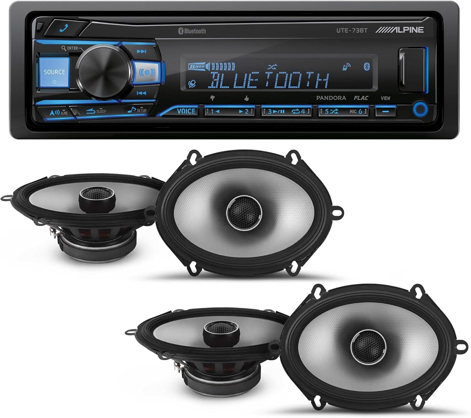 Alpine UTE-73BT Mech-Less Digital Bluetooth Media Receiver with 2 Pairs Alpine S2-S68 Type S 6x8 Coax Speakers