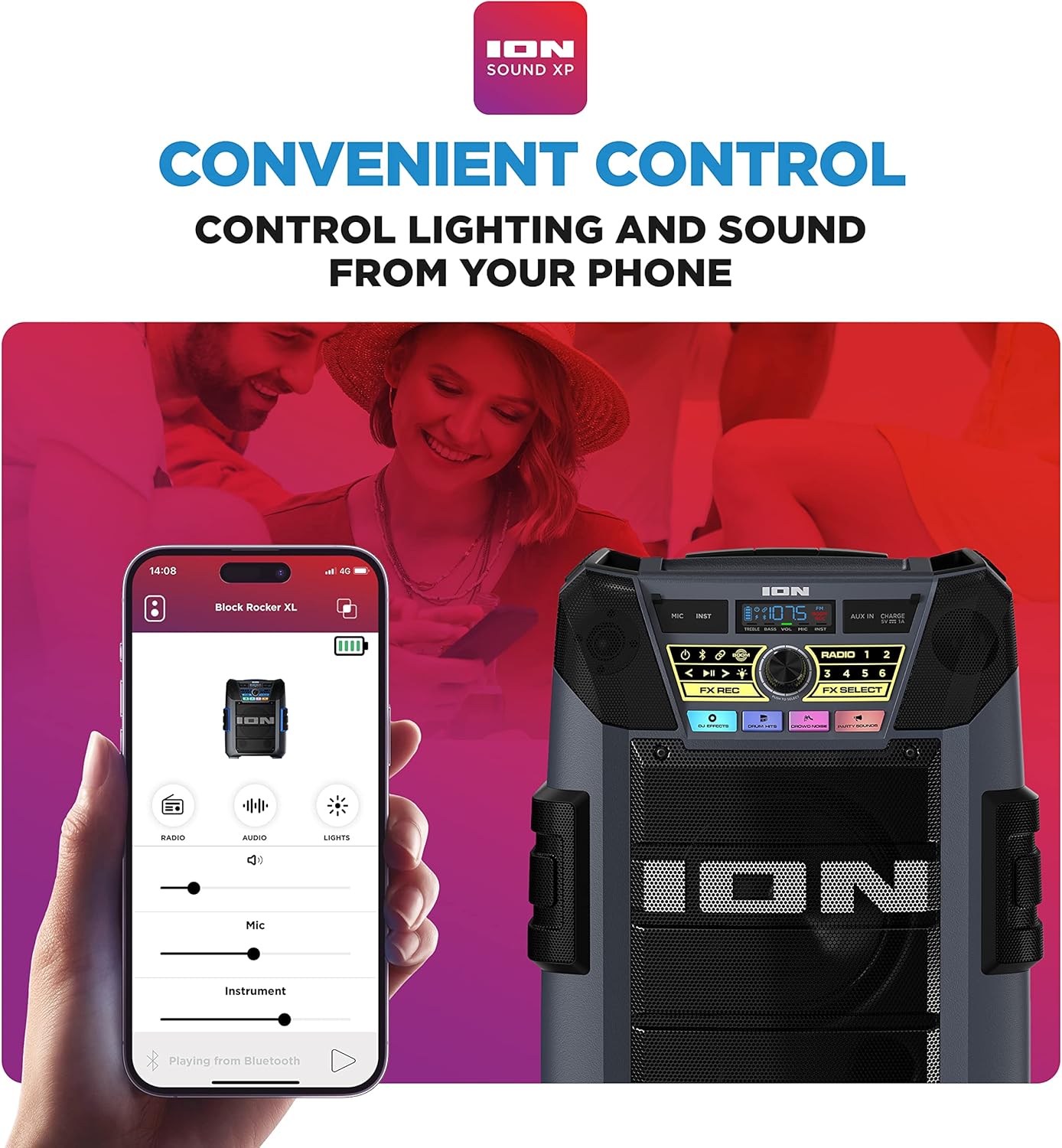 ION Block Rocker XL - Portable Bluetooth Outdoor Party Speaker, 220W, with Karaoke Microphone, Battery, 5 Speakers, Lights, Radio, USB Charging & App