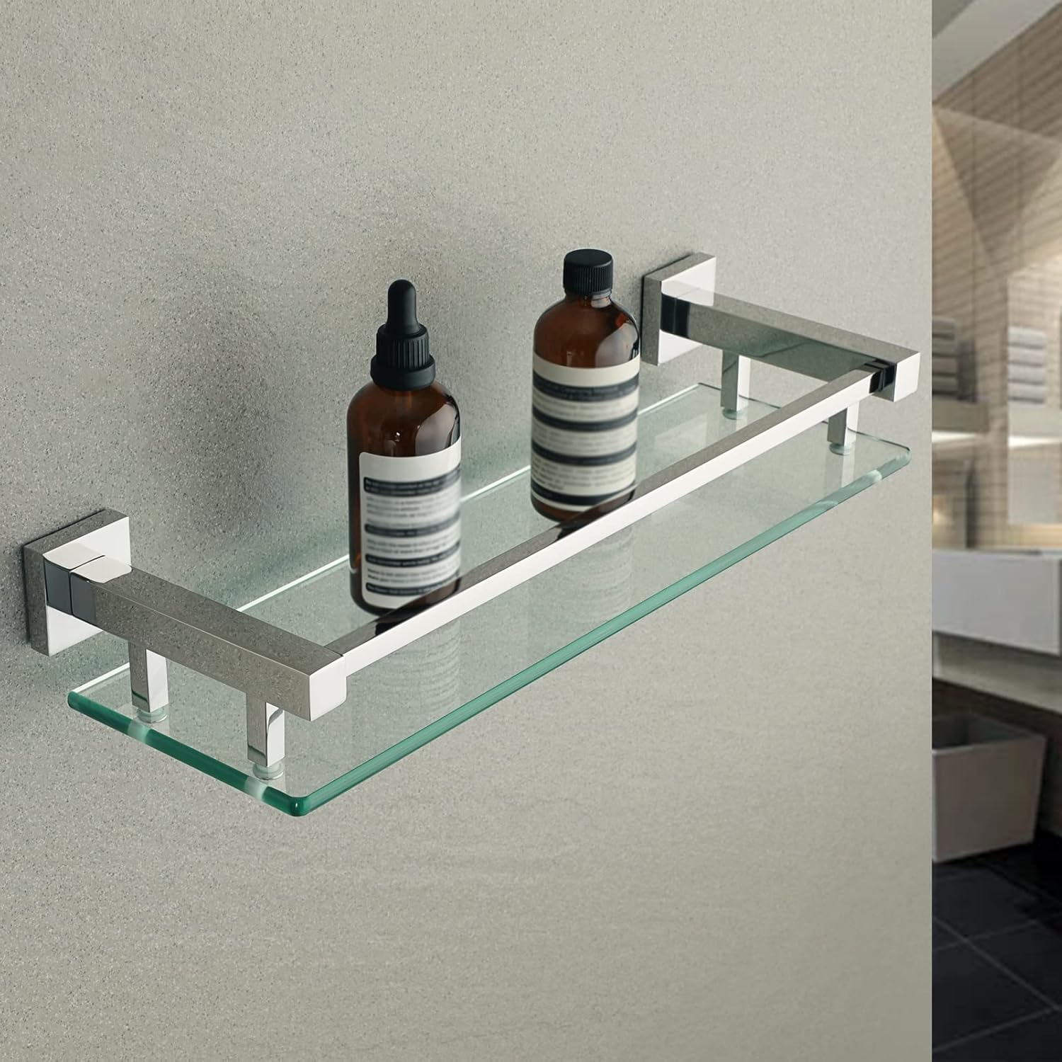 GLigeT Bathroom Organiser 19.6in Bathroom Glass Shelf Aluminum Tempered Glass Thick Rectangular Storage Organizer Wall Mount 1 Tier Glass Floating Shelves Shower Shelves (Color : Brushed Nickel)