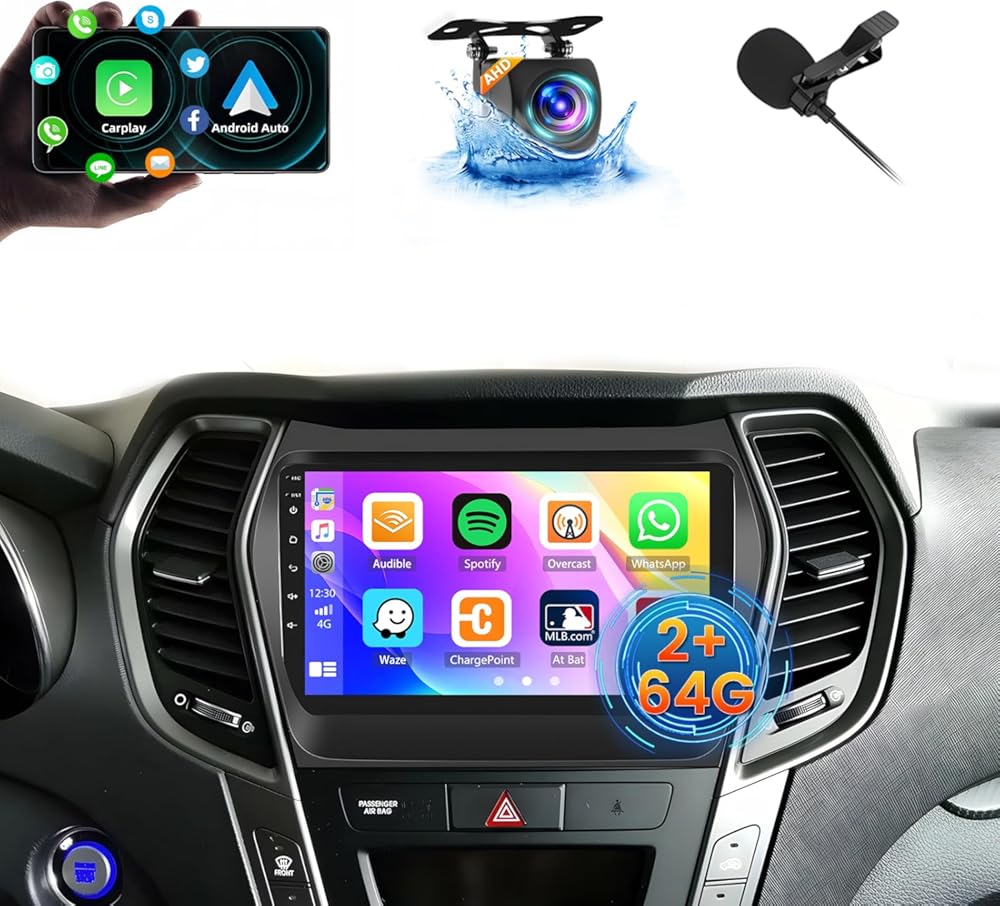 [2G+64G] Car Radio for Hyundai Santa Fe 2013 2014 2015 2016 2017 with Wireless Carplay/Android Auto, 9 Inch HD Touch Screen for Santa Fe with GPS Bluetooth WiFi FM/RDS AHD Backup Camera MIC