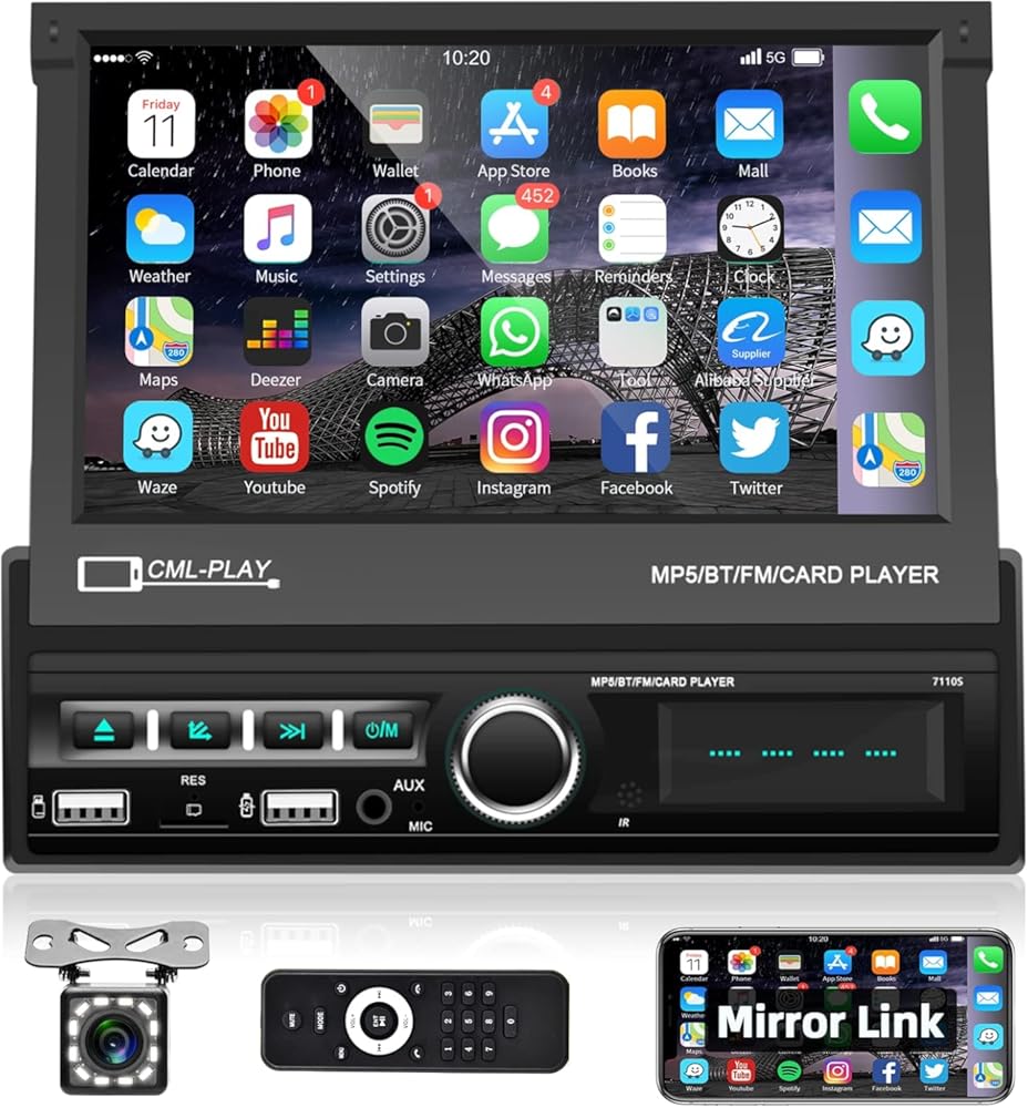 Podofo Single Din Touchscreen Car Stereo 7 Inch Motorized Flip Out Screen Car Radio in Dash Head Unit Support Bluetooth FM AUX USB SD Mirror Link with Backup Camera