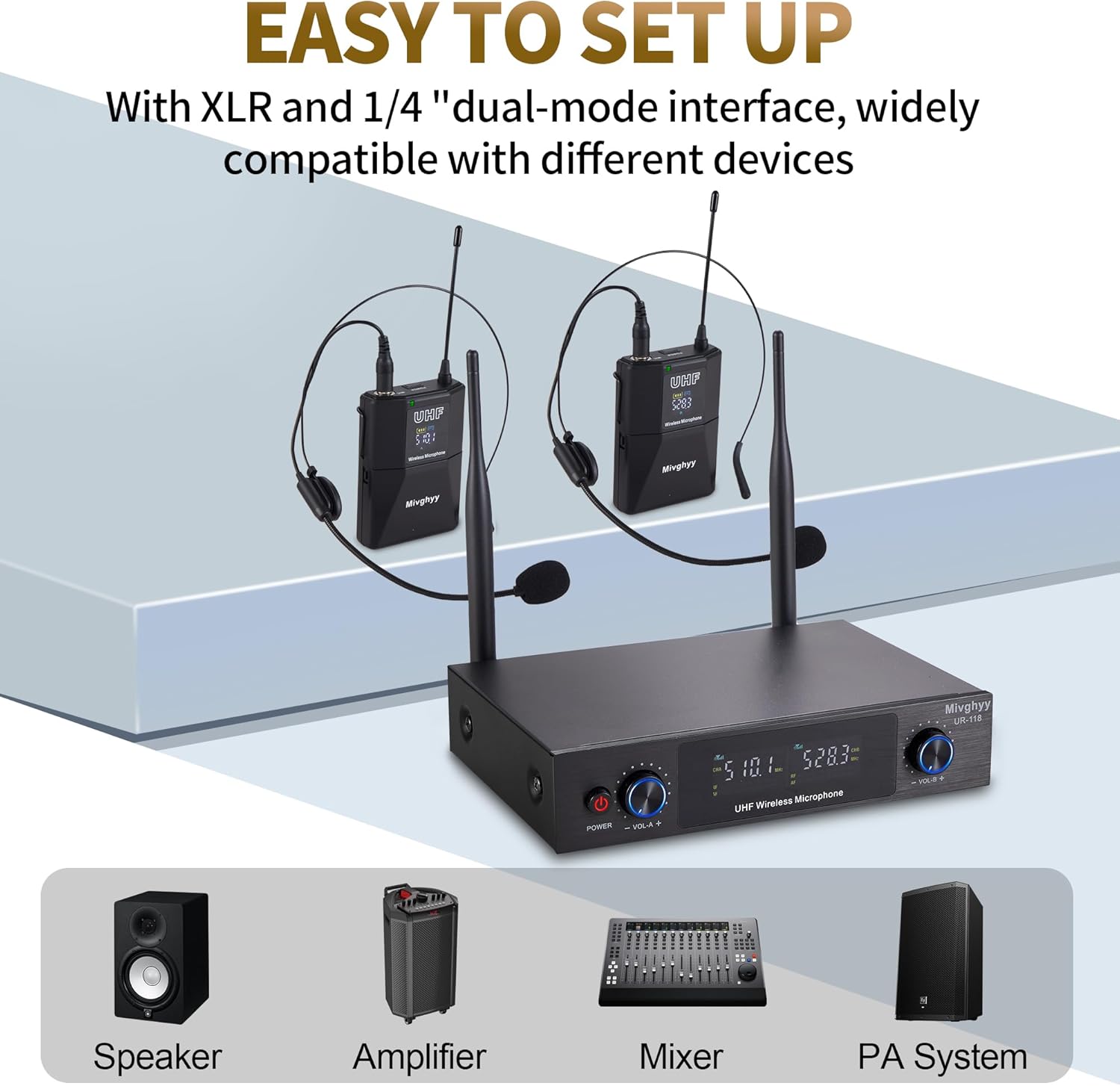 Wireless Microphones System with UHF Headset/Lavalier Lapel Mics, Bodypack Transmitter, 2 x 50 Channels, 164ft Range for Church Conference Performance Singing Karaoke PA Speaker Mixer