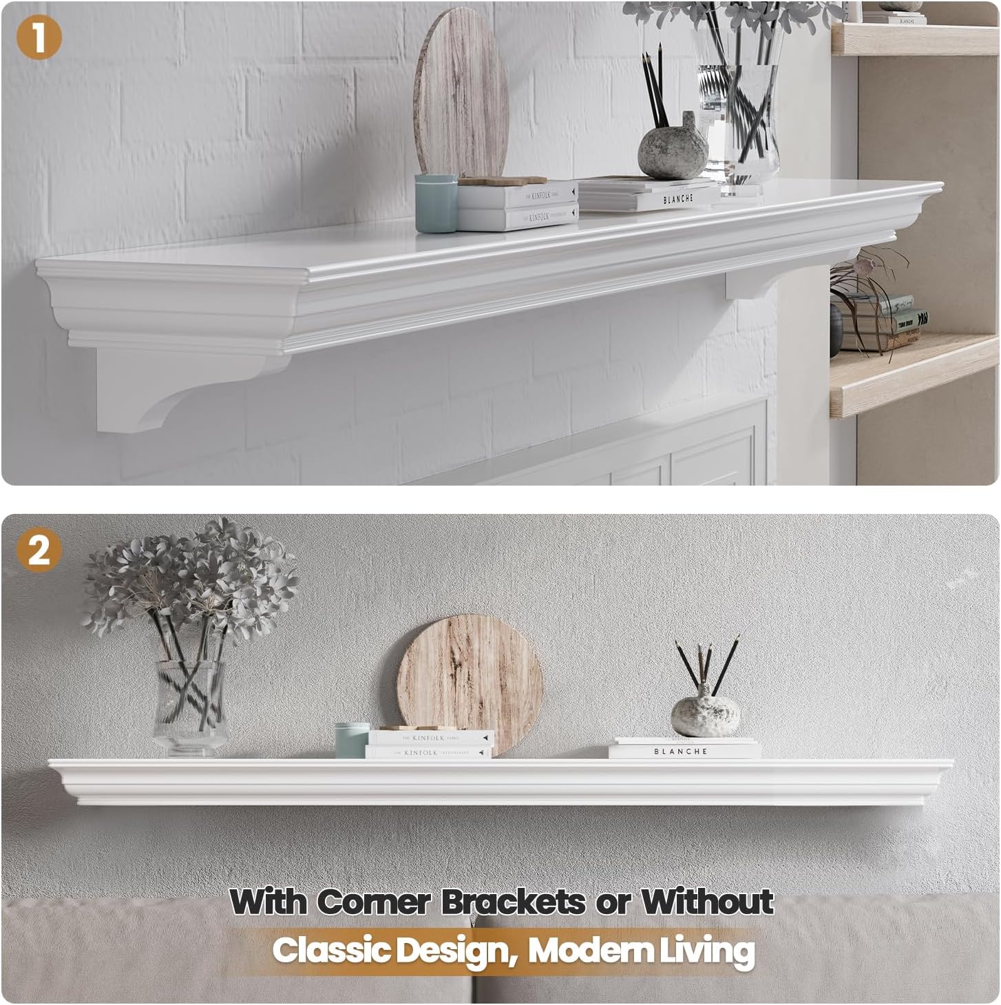 Fireplace Mantel with Invisible Heavy Duty Wood Bracket, Wall Mount Handcrafted Hollow Floating Mantel Shelf for Electric or Traditional Fireplace, Rustic Farmhouse Modern Style (60 Inch, White)