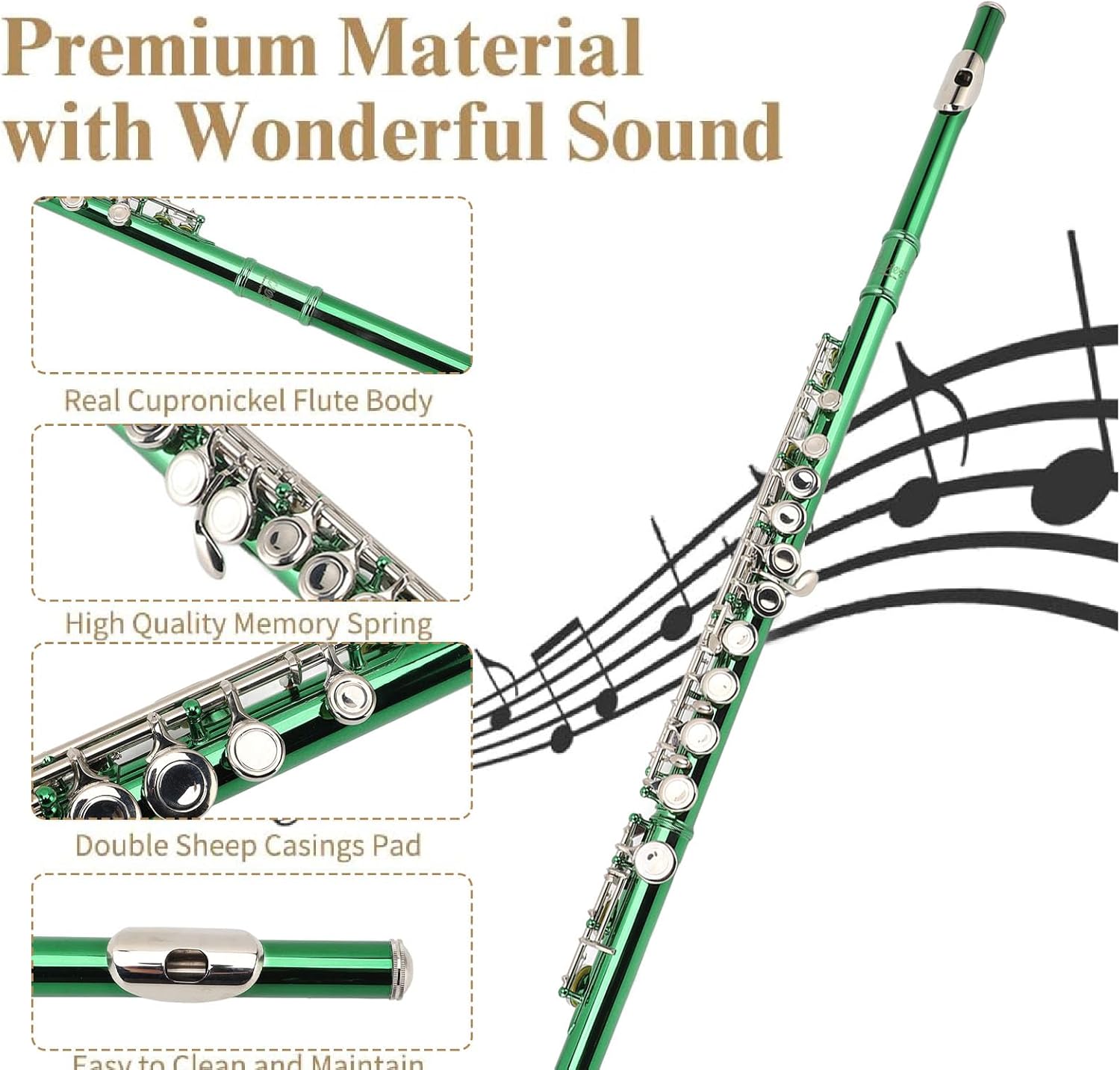 C Flute 16 Key Set for Beginners and Students White Copper Flute with Portable Bag and Cleaning Tools for Learning