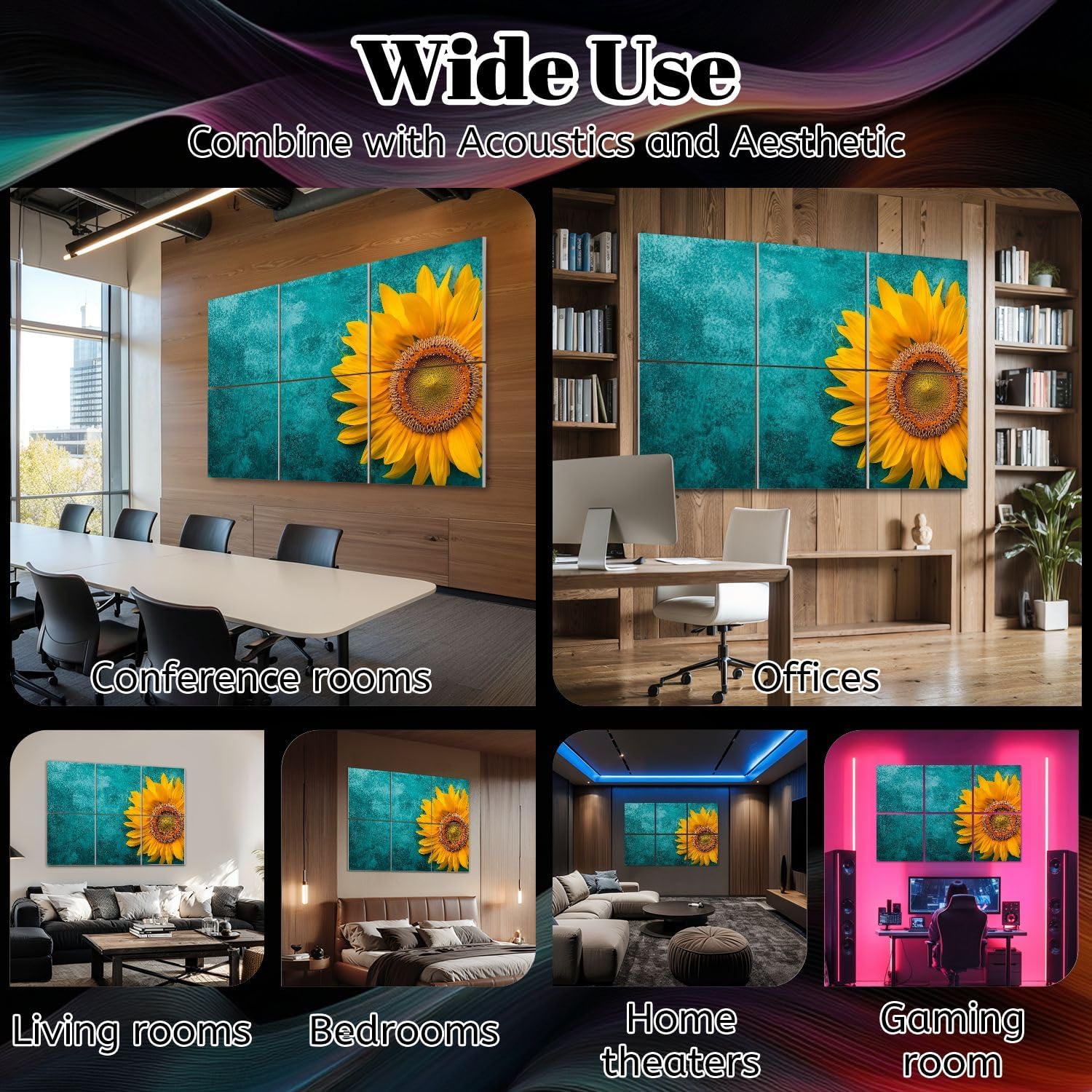 6 Pack Art Acoustic Panels Bright yellow sunflower blue green marble Sound Absorbing Panel 48