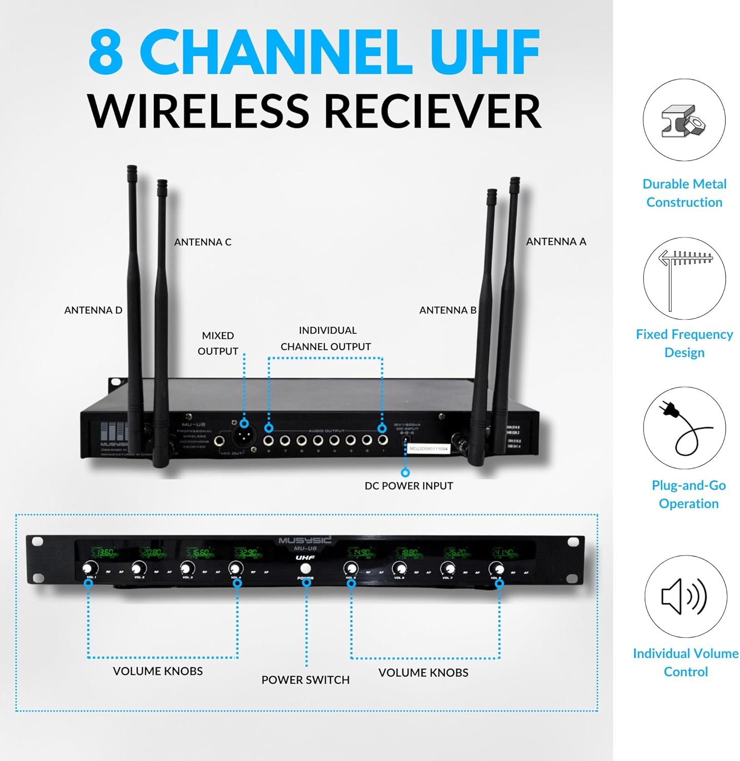 MUSYSIC 8-Channel Professional Wireless UHF Microphone System, 300ft Range Fixed Frequency Bodypack Headset/Lapel Microphones for Singing, Karaoke, Church, DJ (Frequency Set 2)