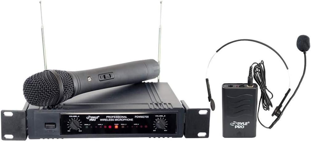 Pyle 2-Channel VHF Wireless System-Battery Operated, Handheld Microphone & One Belt Pack Transmitter with Headset Mic, Rack Mountable PDWM2700