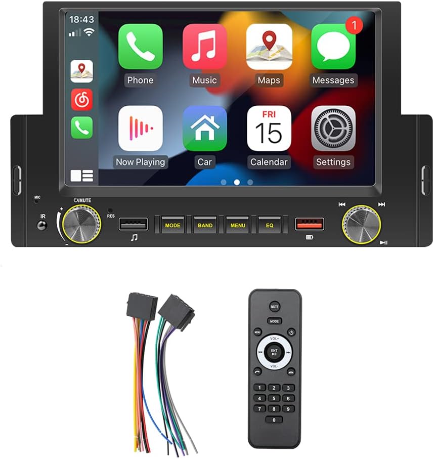 1Din Car Radio Android Auto/CarPlay Mirror Link 6.2 inch Touch Screen Bluetooth FM USB Colourful Light Wince System