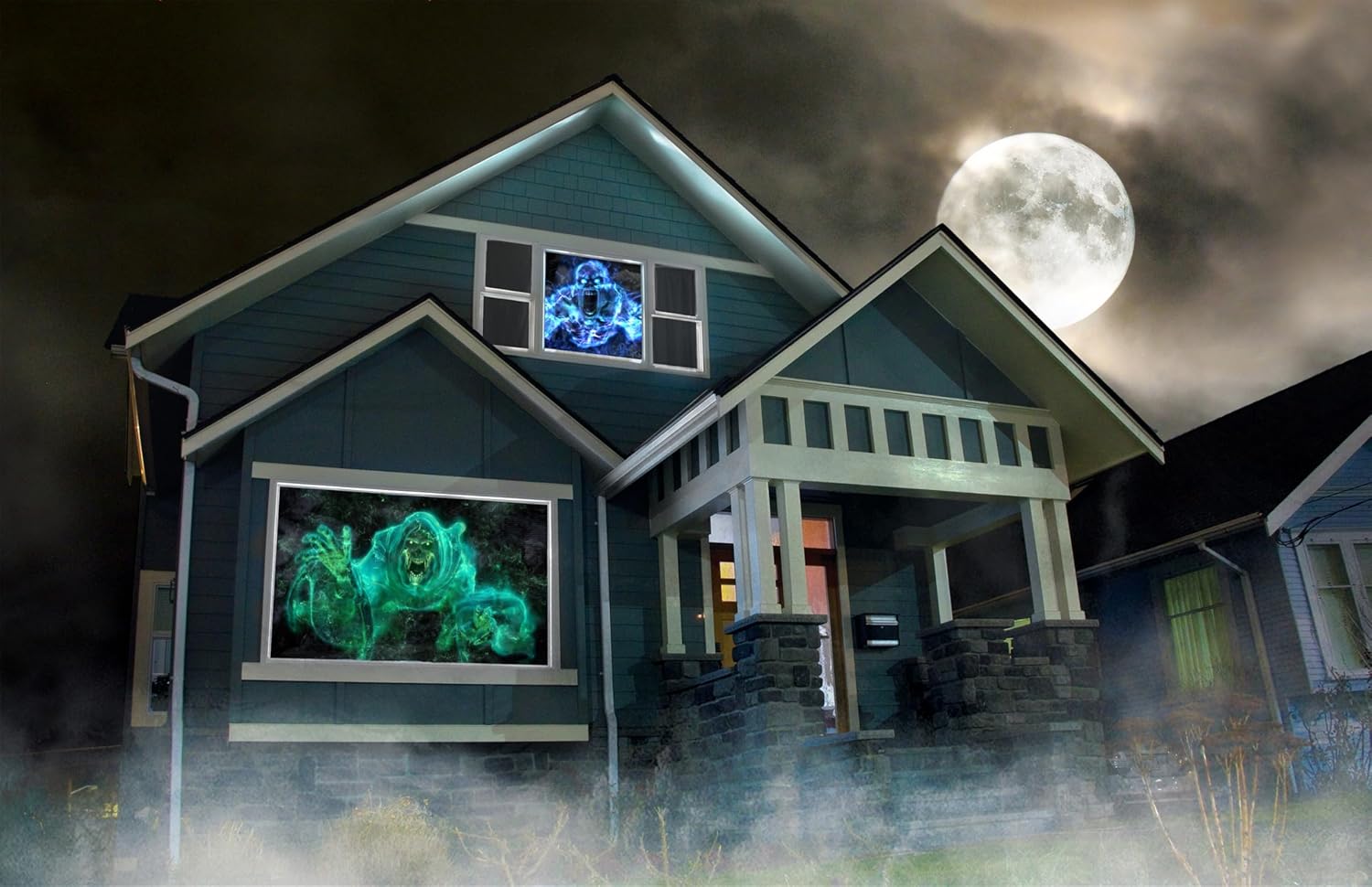AtmosFX® Spooky Halloween Hollusion Digital Decoration Kit Includes 8 AtmosFX® Video Effects for Halloween Plus 5.5' x 9' Holographic Projection Screen
