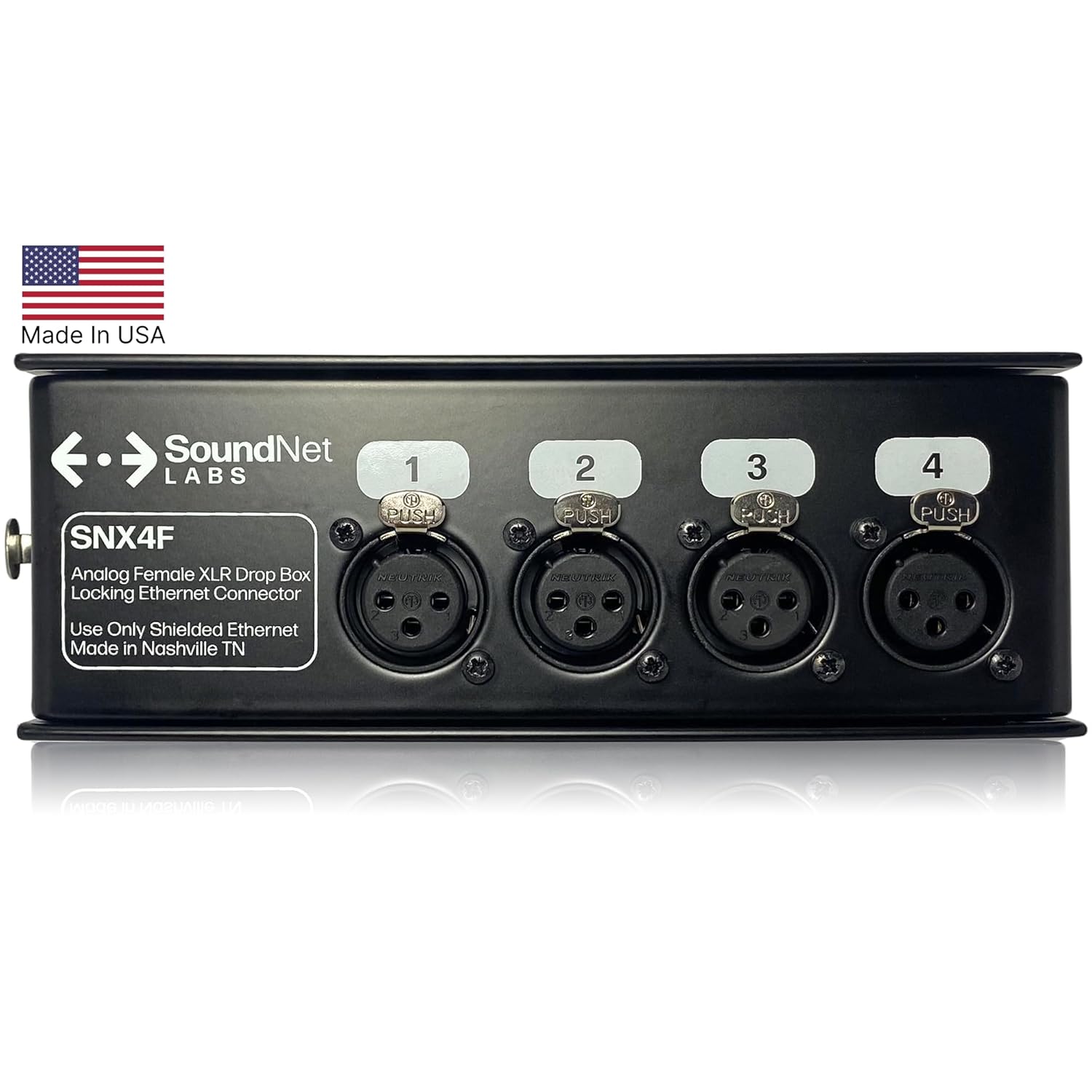 Made in USA - 4ch Audio Over Ethernet Drop Box - XLR Over Cat5-4 Channel Snake - EtherCon Connector (Female)