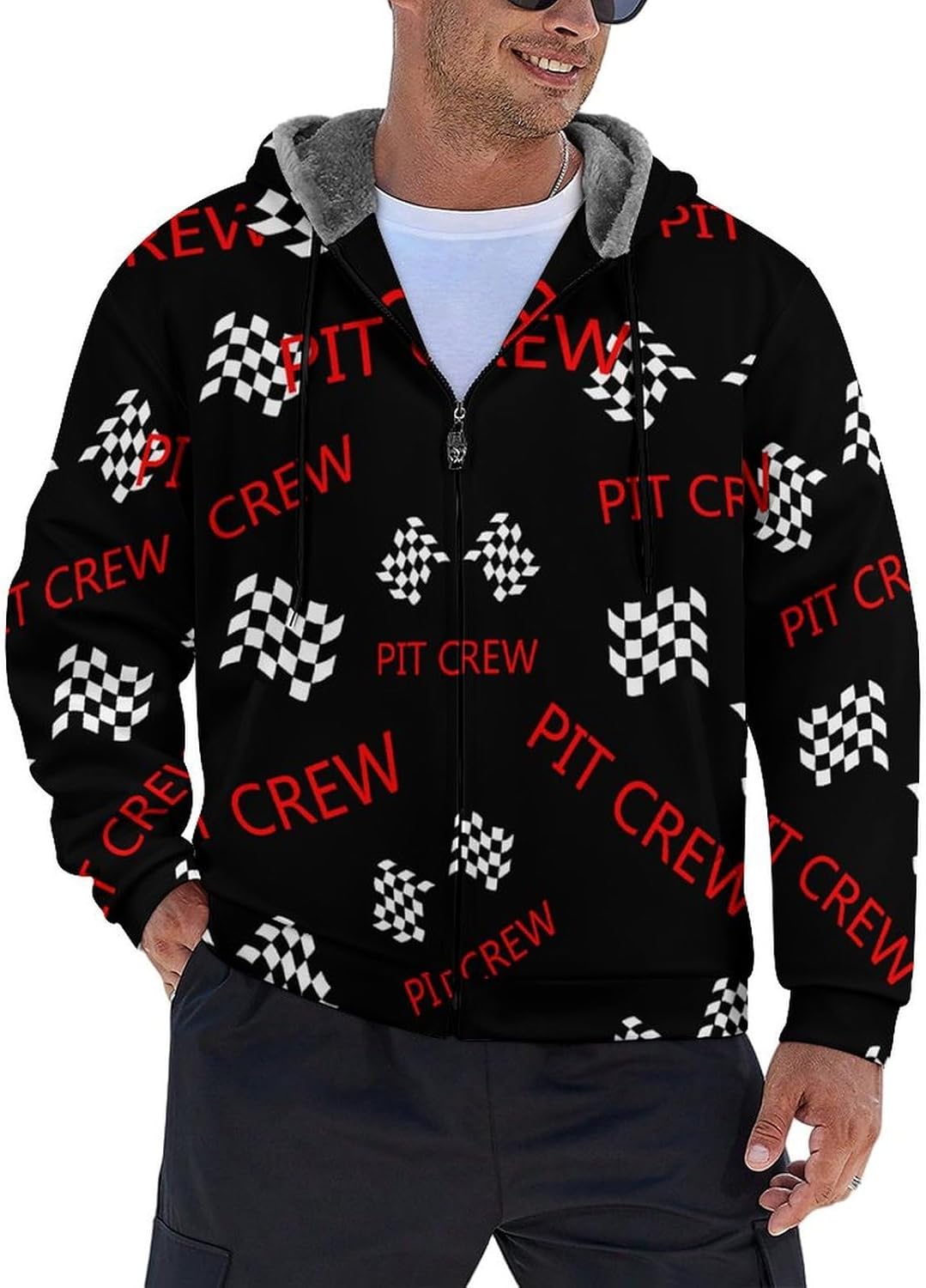 Racing Car Pit Crew Checkered Flag Funny Hooded Coat Fleece Lining Sweatshirt Zip Up Jacket Warm Hoodie for Men