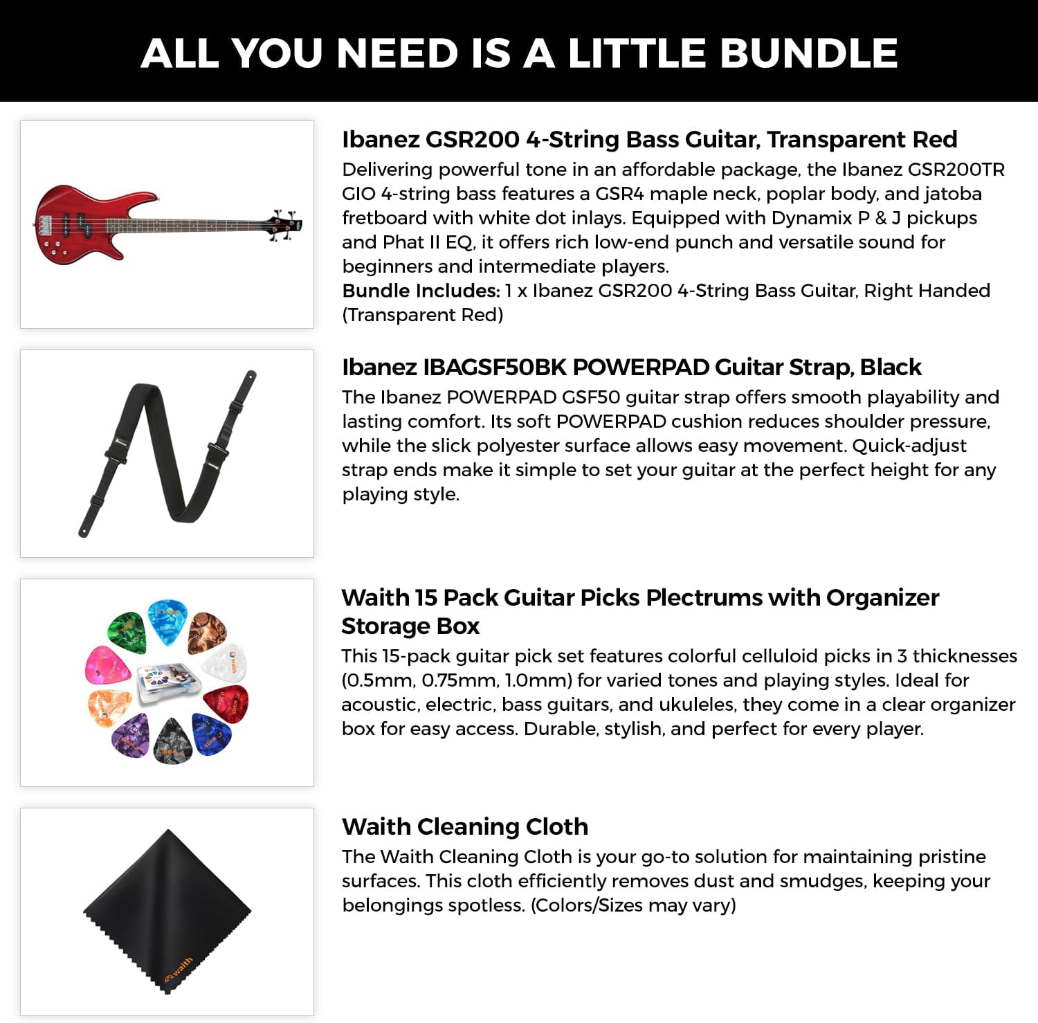 Ibanez GSR200 4-String Bass Guitar (Transparent Red) - Right Handed Poplar Body Bass with GSF50 Powerpad Strap, 15 Pack Guitar Picks with Storage Box & Microfiber Cleaning Cloth (Bundle Set)