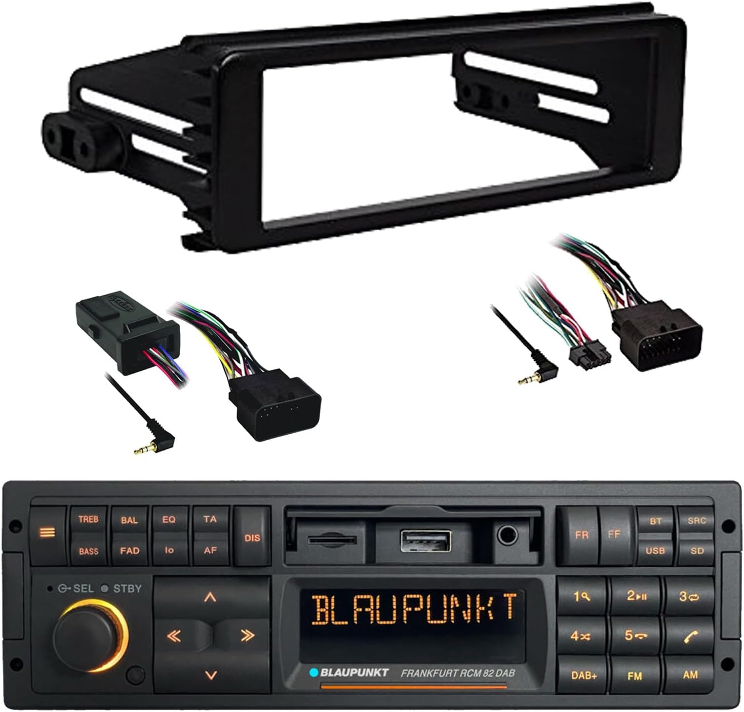 Blaupunkt Frankfurt Single DIN 90's Retro Classic USB Bluetooth AM/FM Stereo Receiver, Stereo Installation Kit, Handlebar Control Kit for Select 1998-2013 Harley Davidson Motorcycles