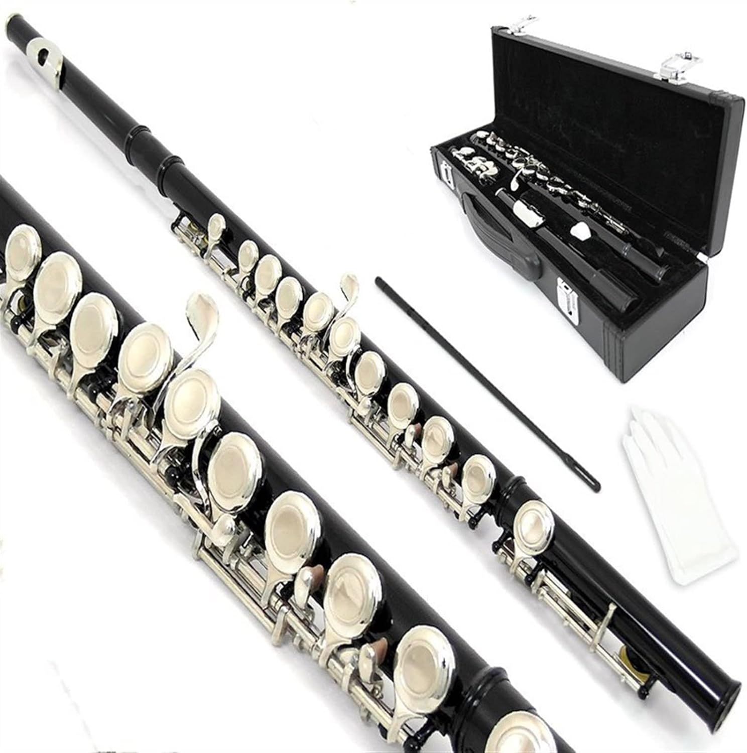 Flute Kit Flute Copper- Nickel Silver- Plated 16- Hole C- Key Woodwind Instrument Padded Box with Gloves Intermediate Flute (Color : Black)