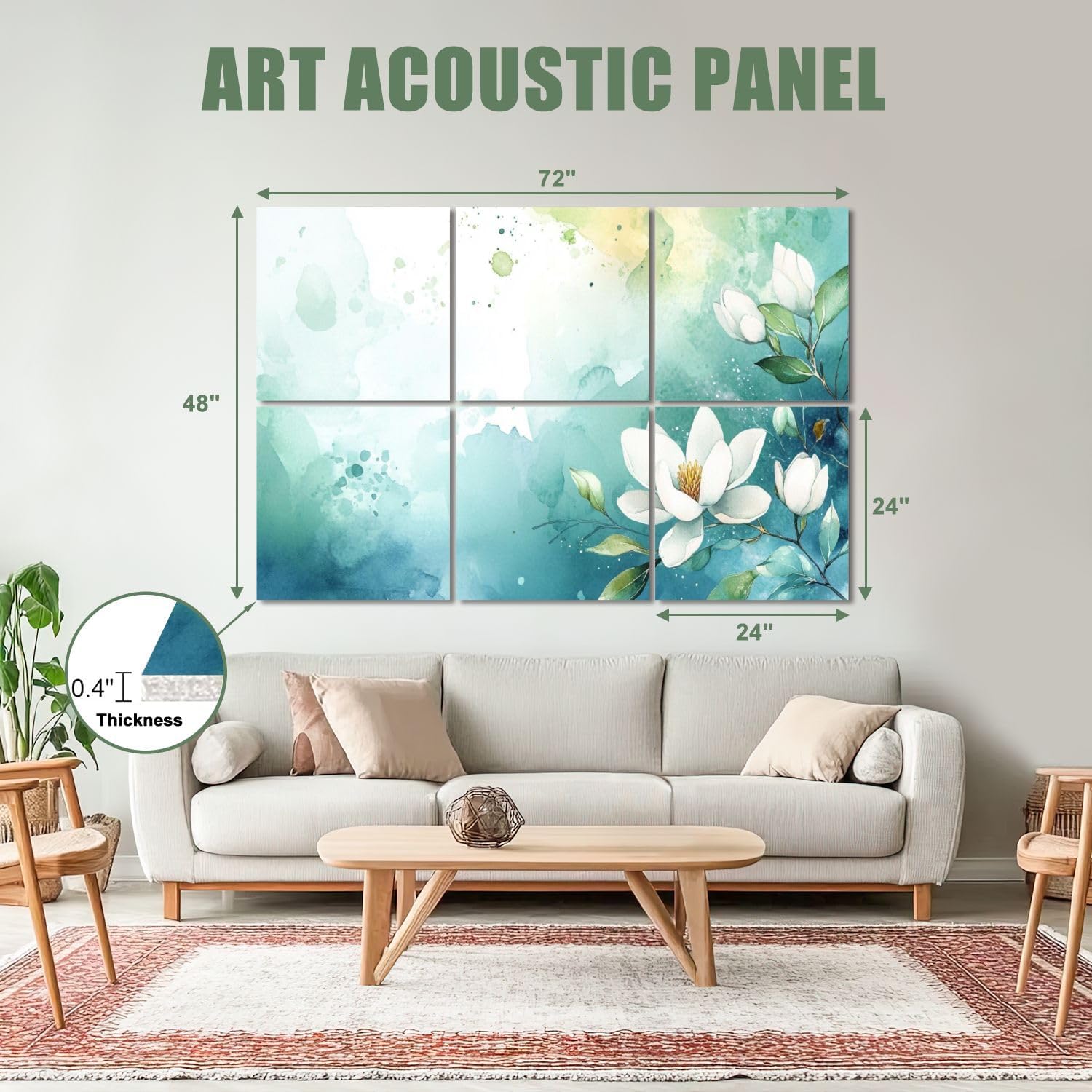 6 Pack Art Acoustic Panels Sound Absorbing Vintage Green Floral Forest Flowers Leaves Watercolor Wash Abstract Decorative Soundproof Wall Panels Self Adhesive for Recording Studios Office 72