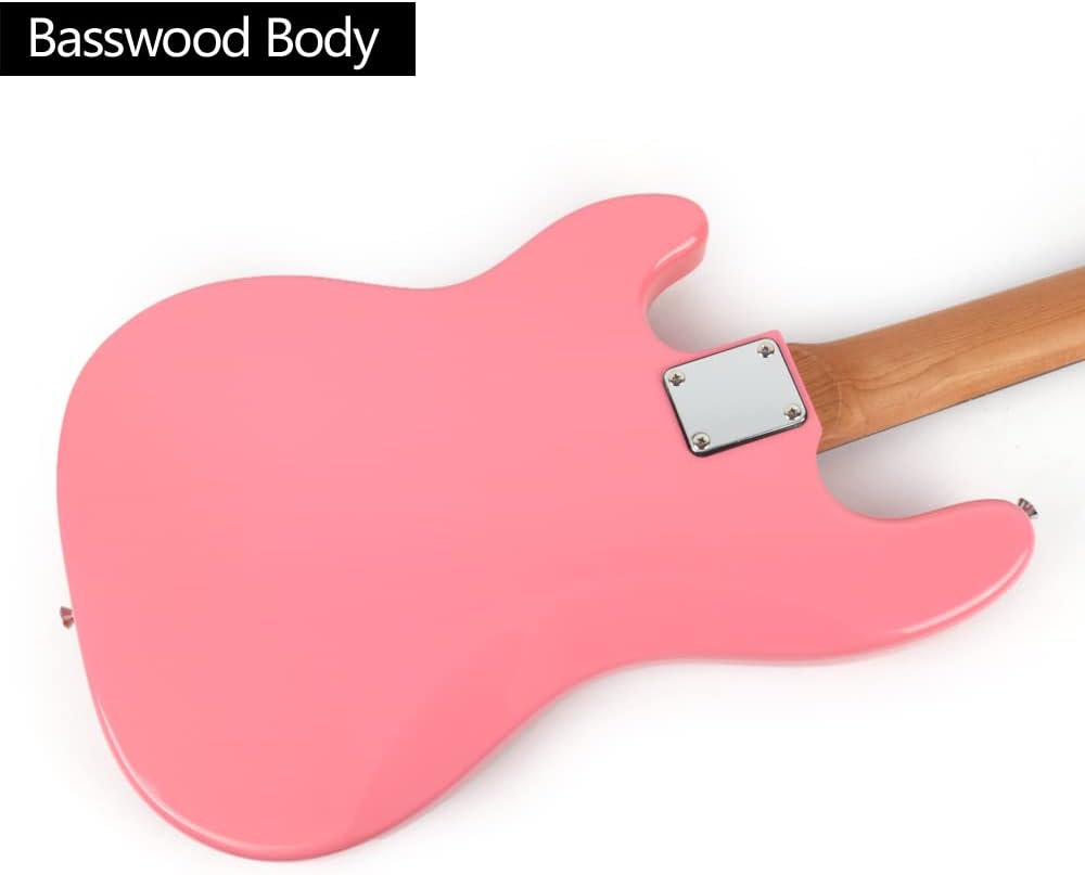 Fojill Full Size Standard Electric Bass Guitar Four 4 String Right Hand Handed Basswood Body Roasted Canadian Maple Neck Genuine Rosewood Fretboard Fingerboard with Gig Bag (Pink)