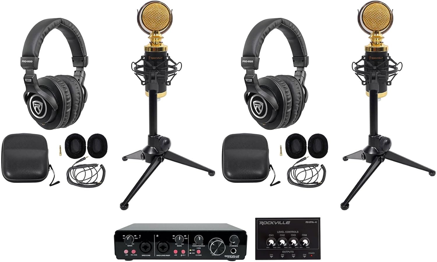 Rockville R-TRACK 2x2 Bundle: USB audio interface 24 Bit 192 kHz, (2) RCM02 microphones w/mounts, (2) PRO-M50 headphones, (2) RDTS mic stands, RHPA4 4-ch headphone amplifier, 3 ft TRS cable, 9-items