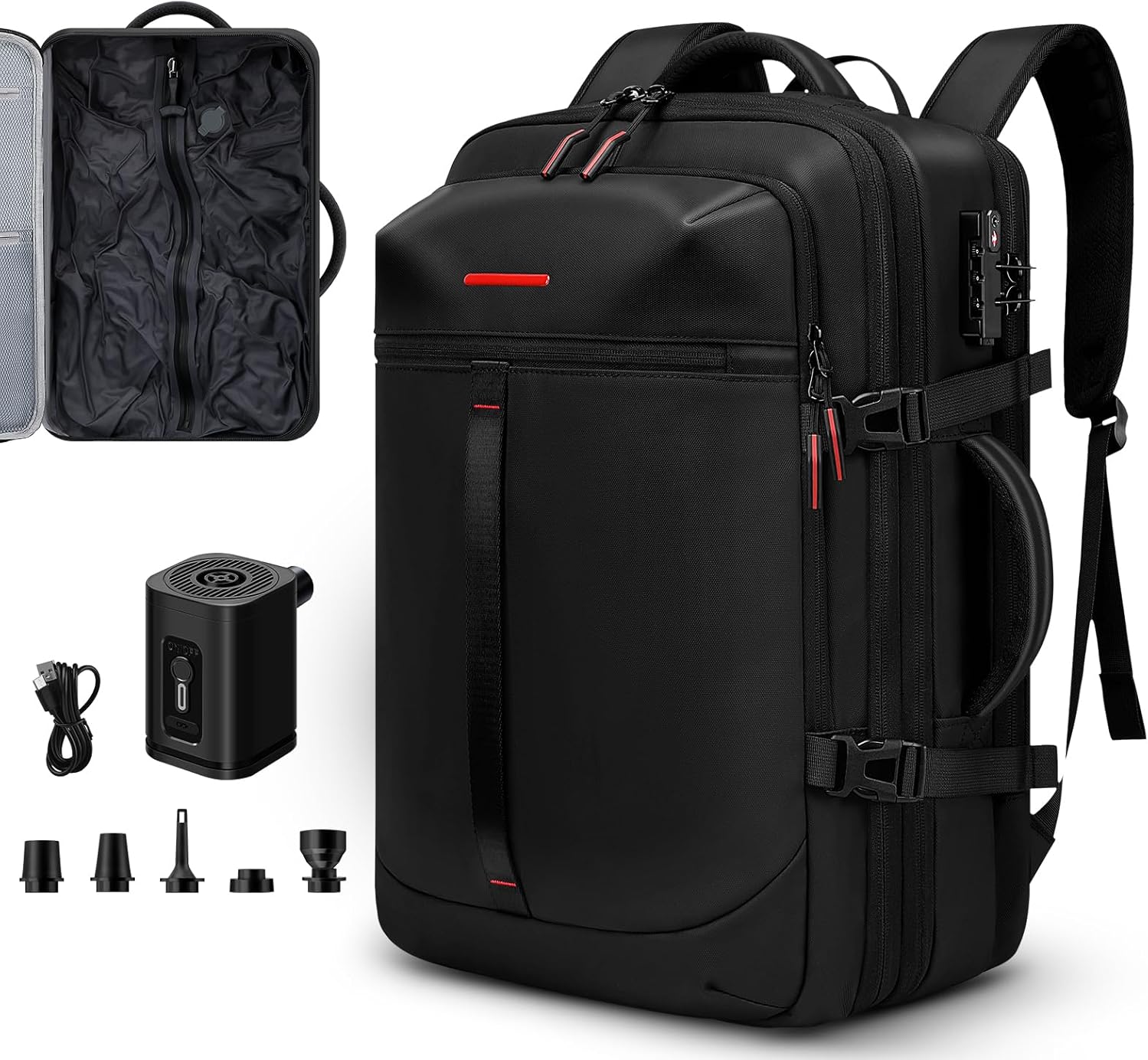 Vacuum Seal Travel Backpack 60L Expandable Air Compression System Water Resistant TSA Lock Suitcase Luggage Black AERO 20.8inch / 52cm - Vacuum Pump Included