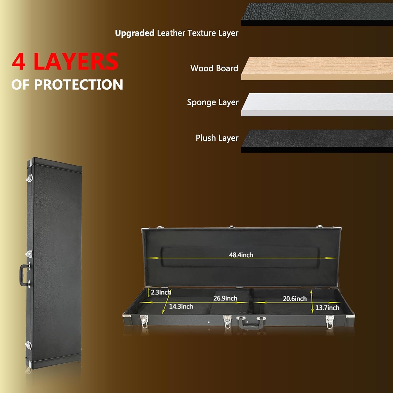 Electric Bass Guitar Hard Case Wooden Hard Shell Black Carrying Case Lockable with Key Square - 48 x 15.4 x 3.5 inches