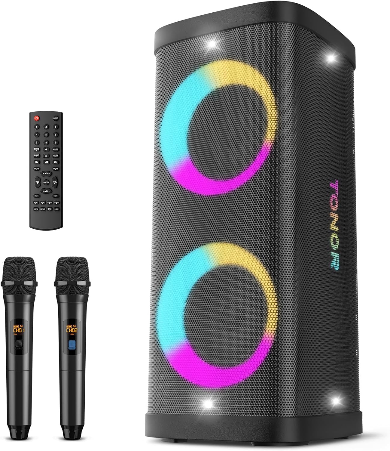 Bluetooth Karaoke Machine for Adults with 2 UHF Wireless Microphones Mic, TONOR Portable PA Speaker System with Party LED Lights, Supports USB/TypeC/TF, Ideal for Home Karaoke Party Outdoor Events K60