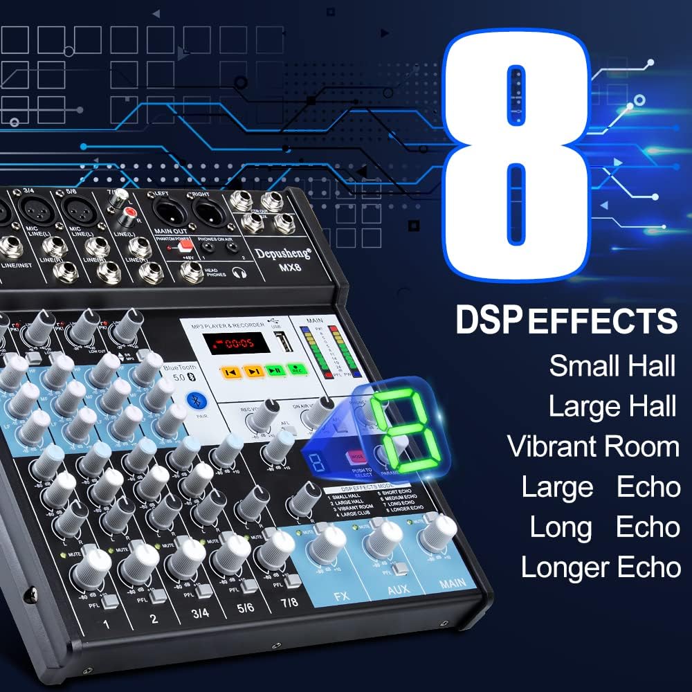 Professional Audio Mixer Sound Board Console 8-Channel DJ Controller Sound Mixer w/ 8-DSP EFFECT, USB Recording Interface, Bluetooth, 48V Phantom Power, Ideal For Live Streaming Depusheng MX8