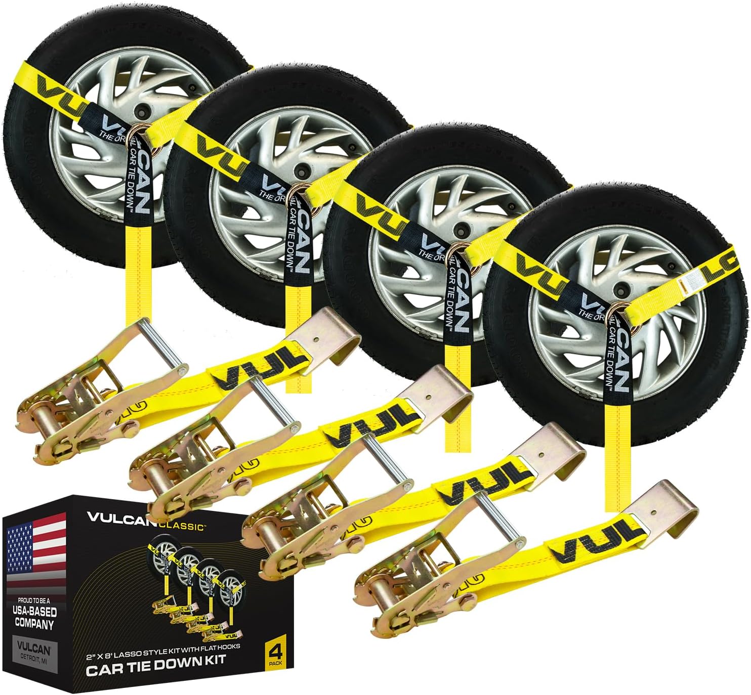 VULCAN Car Tie Down with Flat Hooks - Lasso Style - 2 Inch x 96 Inch - 4 Pack - Classic Yellow - 3,300 Pound Safe Working Load