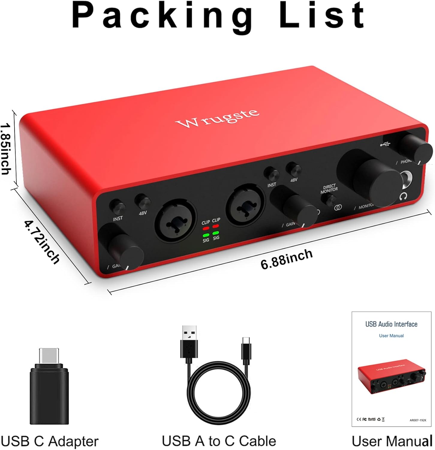 Wrugste Audio Interface for Recording Podcasting and Streaming Ultra-low Latency Plug&Play Noise-Free XLR Audio Interface(24Bit/192kHz)+48V Phantom Power for PC