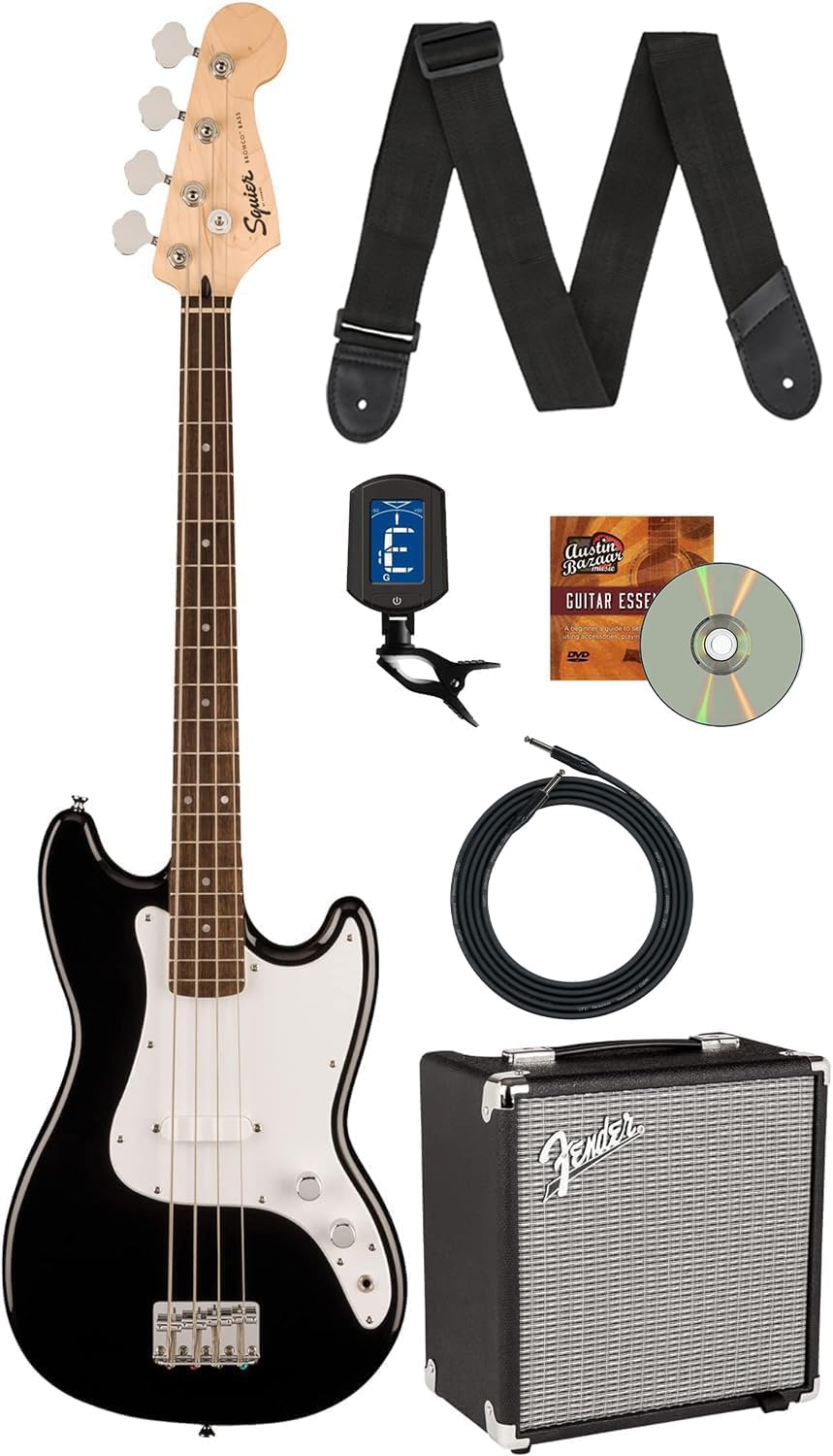 Fender Squier Sonic Bronco Bass Guitar - Black Bundle with Rumble 15 Bass Amplifier, Cable, Tuner, Strap, and Austin Bazaar Instructional DVD